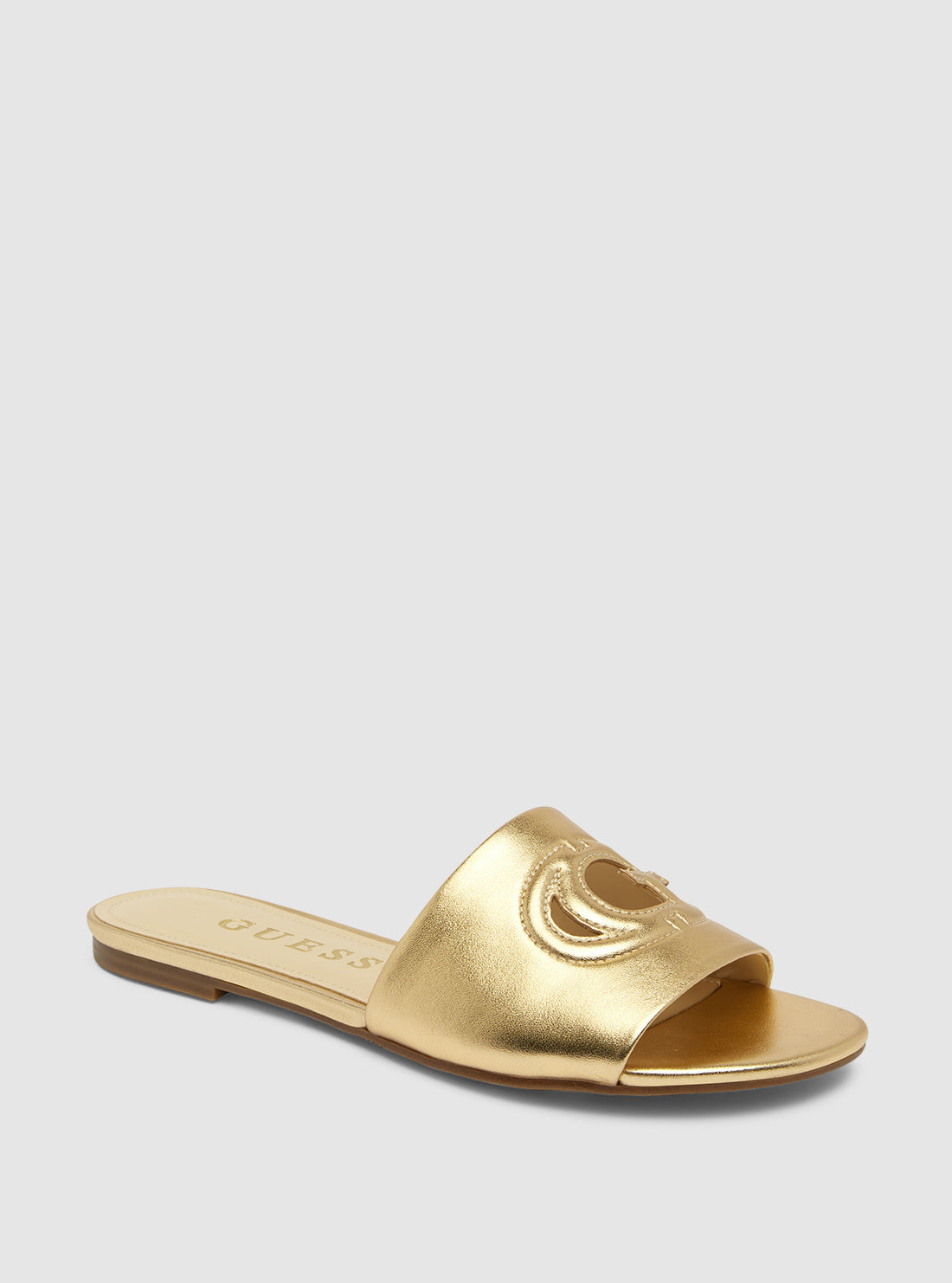 Gold Tashia Cutout Logo Slides - Comfortable Summer Sandals for Women - Perfect for Beach, Pool, and Casual Outings