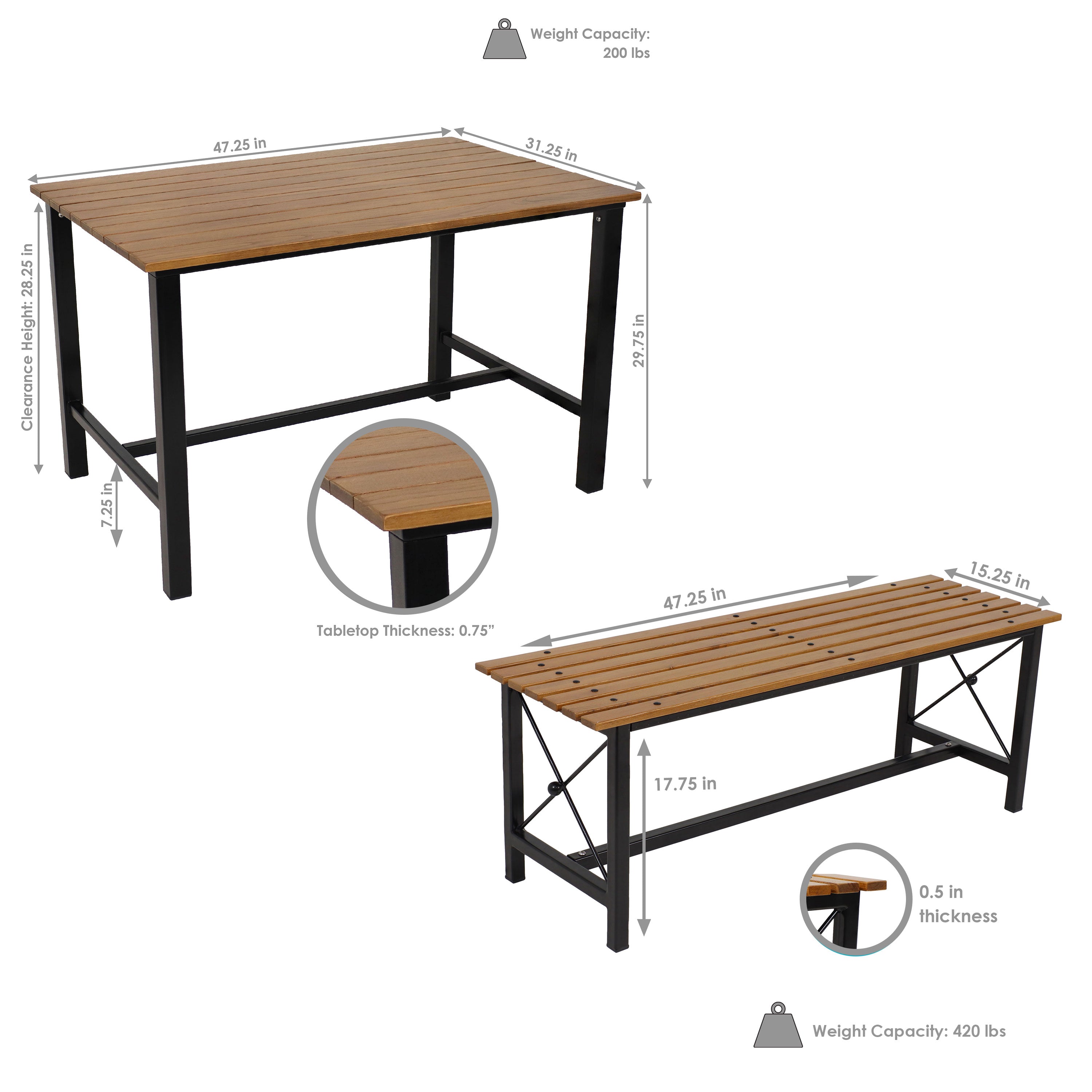 Sunnydaze European Chestnut 3-Piece Patio Dining Set - Outdoor Furniture for Garden, Backyard, and Poolside Dining