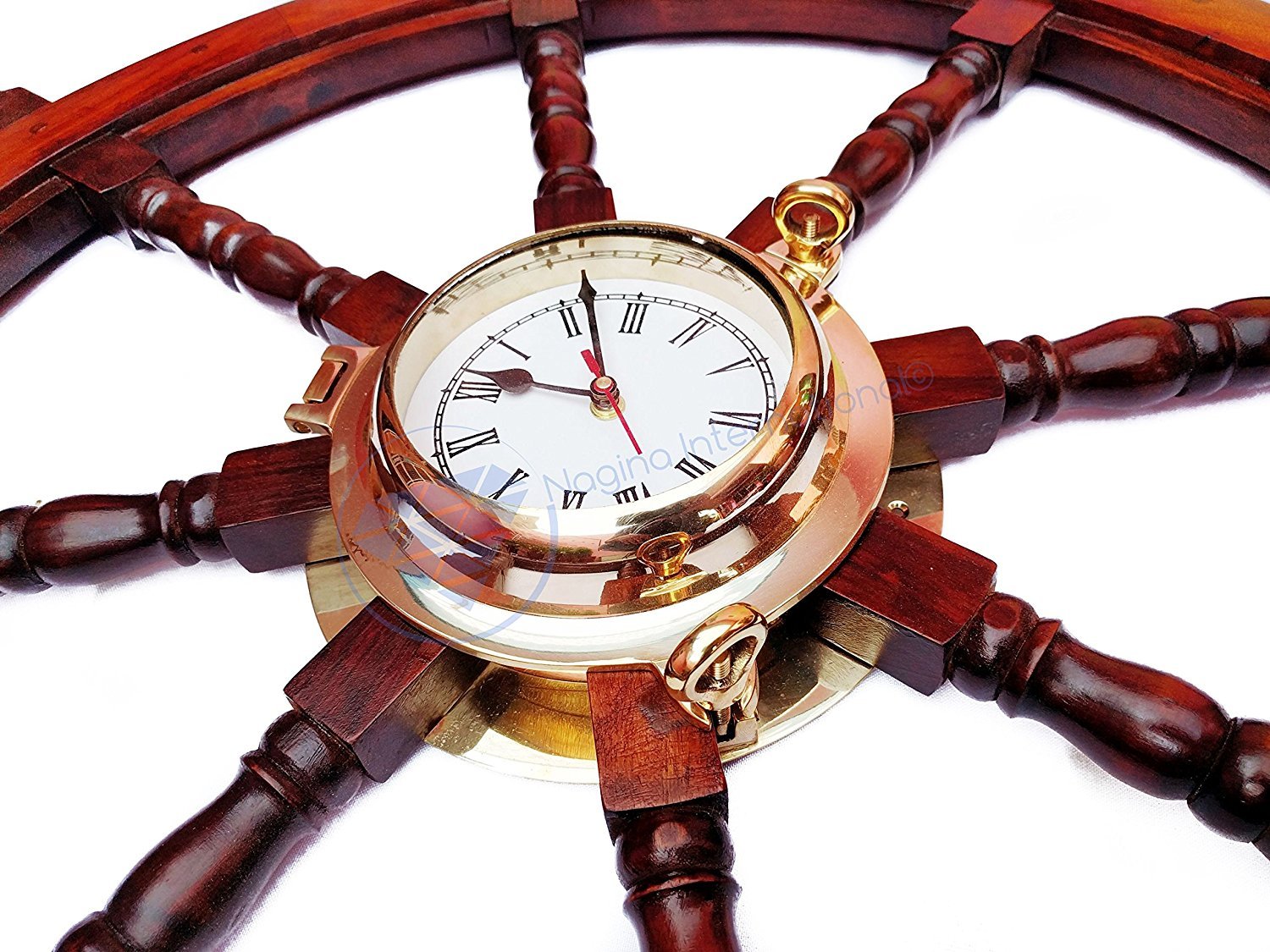Nagina International 16 Inch Polystone Wood Porthole Clock with Ship Wheel - Nautical Brass Wall Decor for Home & Office - Perfect for Coastal, Beach House, and Marine Theme Decoration