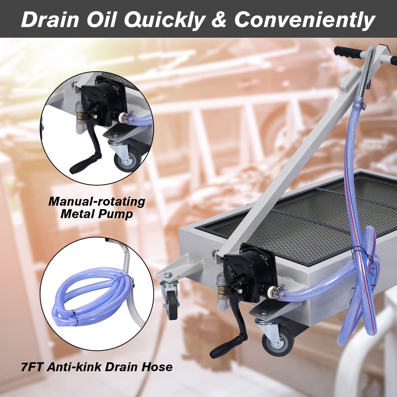 15 Gallon Oil Drain Pan with Hand Pump - Portable Low Profile Oil Change Tank for Cars, SUVs & Trucks - Large Capacity Drain Pan with Hose & Swivel Casters Wheels - Perfect for DIY Auto Maintenance & Garage Oil Changes