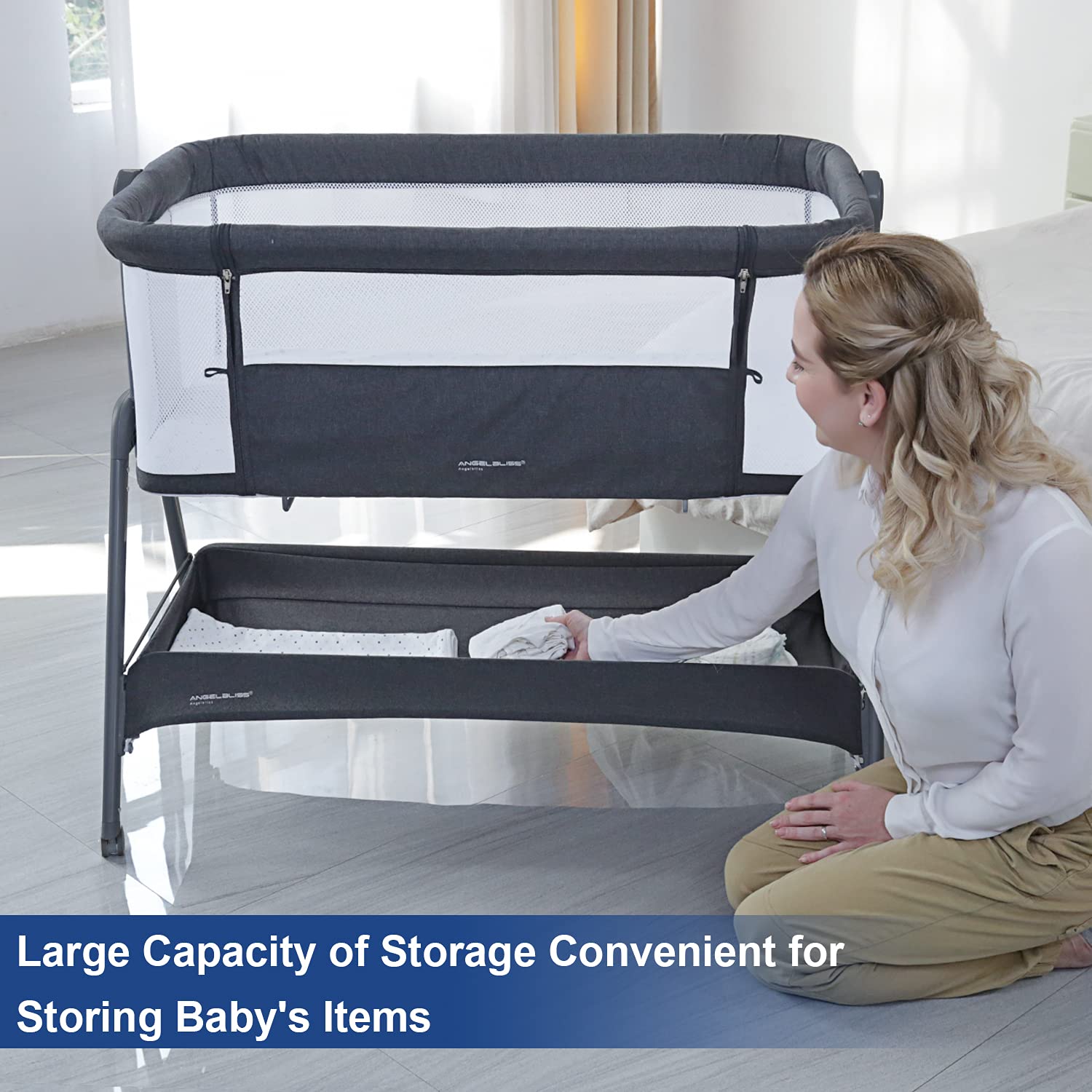 **ANGELBLISS Baby Bassinet Bedside Crib with Storage Basket & Wheels - Adjustable Height, Portable & Foldable Newborn Sleeper for Nursery, Travel & Co-Sleeping**