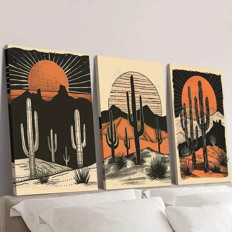3-Piece Desert Cactus Sunset Wall Art Set - Framed Canvas Prints 40x60cm - High Quality Australian Made Ready-to-Hang Wall Decor for Living Room, Bedroom & Office