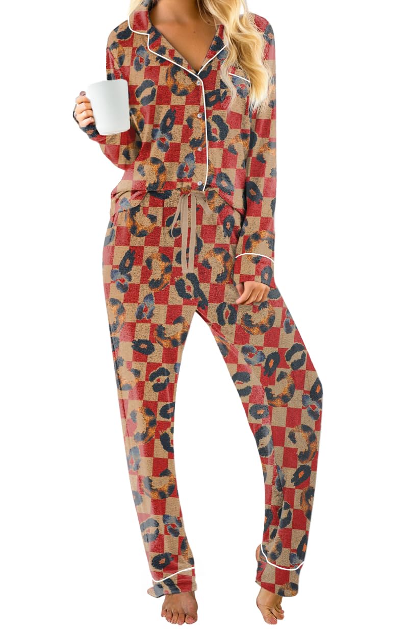 PrinStory Women's Long Sleeve Pajama Sets - 2 Piece Button Down Sleepwear & Lounge Outfit for Women | Soft Cotton Nightwear for Sleeping, Relaxing at Home