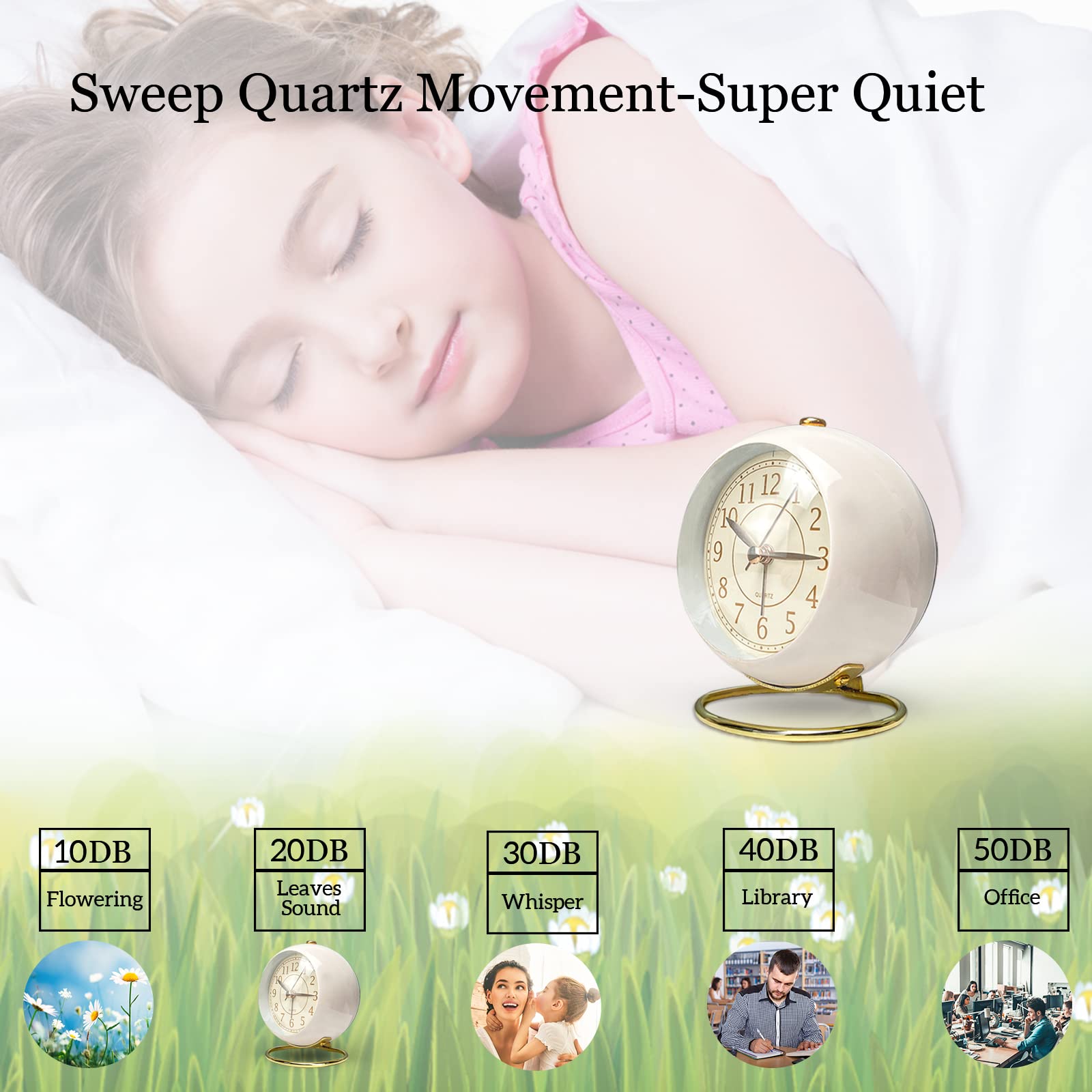 JUSTUP Small Silent Analog Alarm Clock - Battery Operated Desk Clock with Backlight & HD Glass - Perfect for Kids Room, Bedroom, Living Room, Kitchen Decor (White) | Ideal for Nighttime Reading, Office Use, and Home Décor