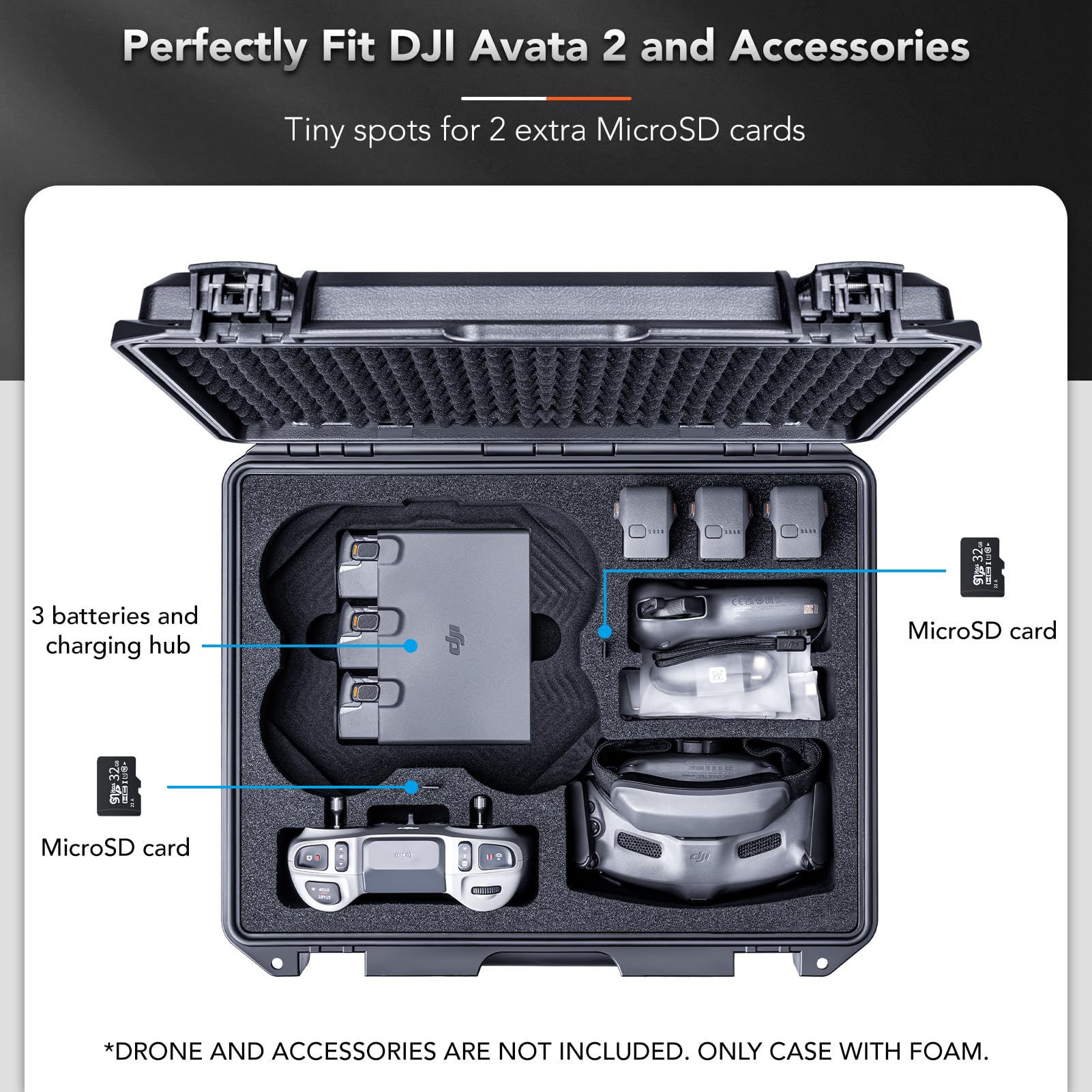 DJI Avata 2 Waterproof Hard Case - Compatible with Goggles 3, RC Motion 3 & FPV Remote Controller 3 | Shockproof Travel Storage Case for Drone Accessories | Holds Up to 7 Batteries [Case Only] - Perfect for Outdoor Adventures & Professional Drone Photography