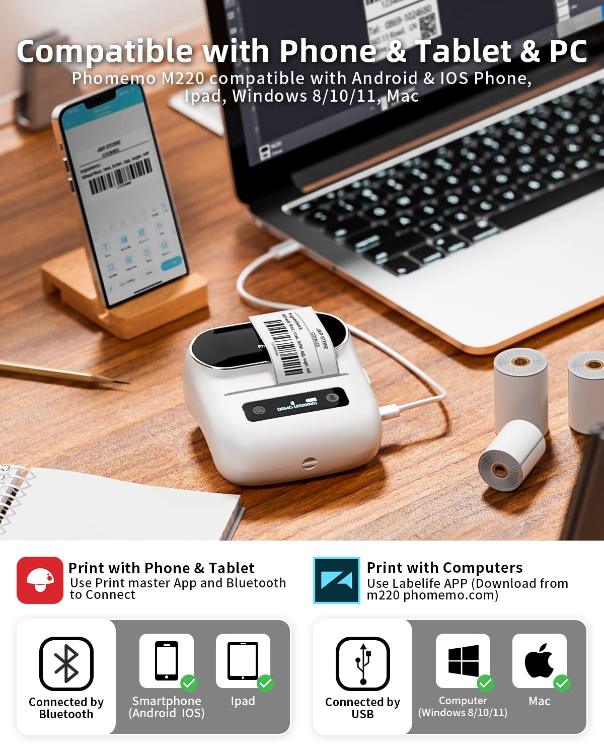 Phomemo M220 Bluetooth Barcode Label Printer - 3 Inch Thermal Printer for Shipping, Address & Mailing Labels | Wireless Compatible with iPhone, Android & Laptop | Perfect for Small Business, Warehouse & Home Organization