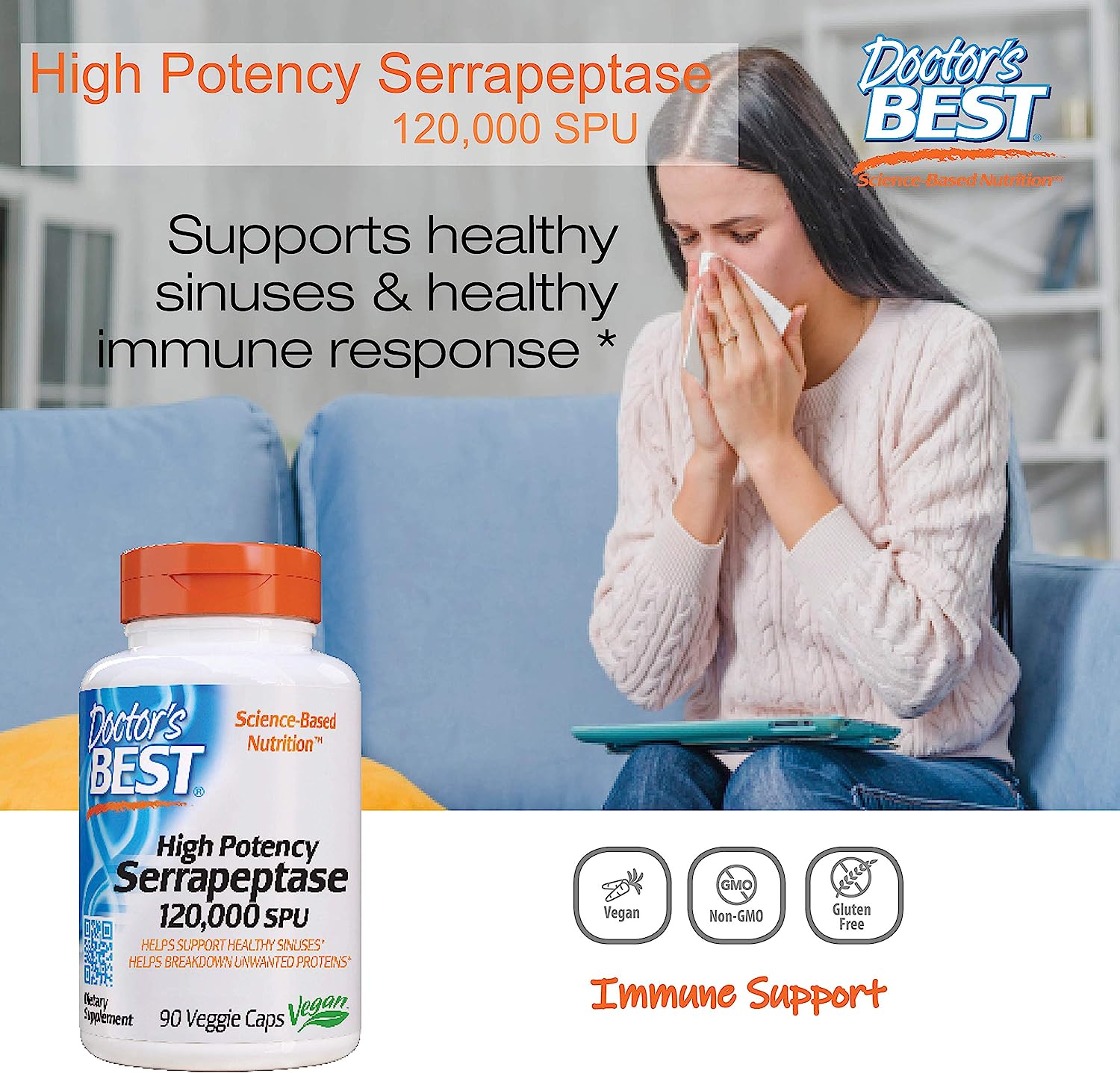Doctor's Best High Potency Serrapeptase 120,000 SPU - 90 Vegetarian Capsules for Joint Support & Inflammation Relief | Supports Healthy Circulation & Respiratory Function