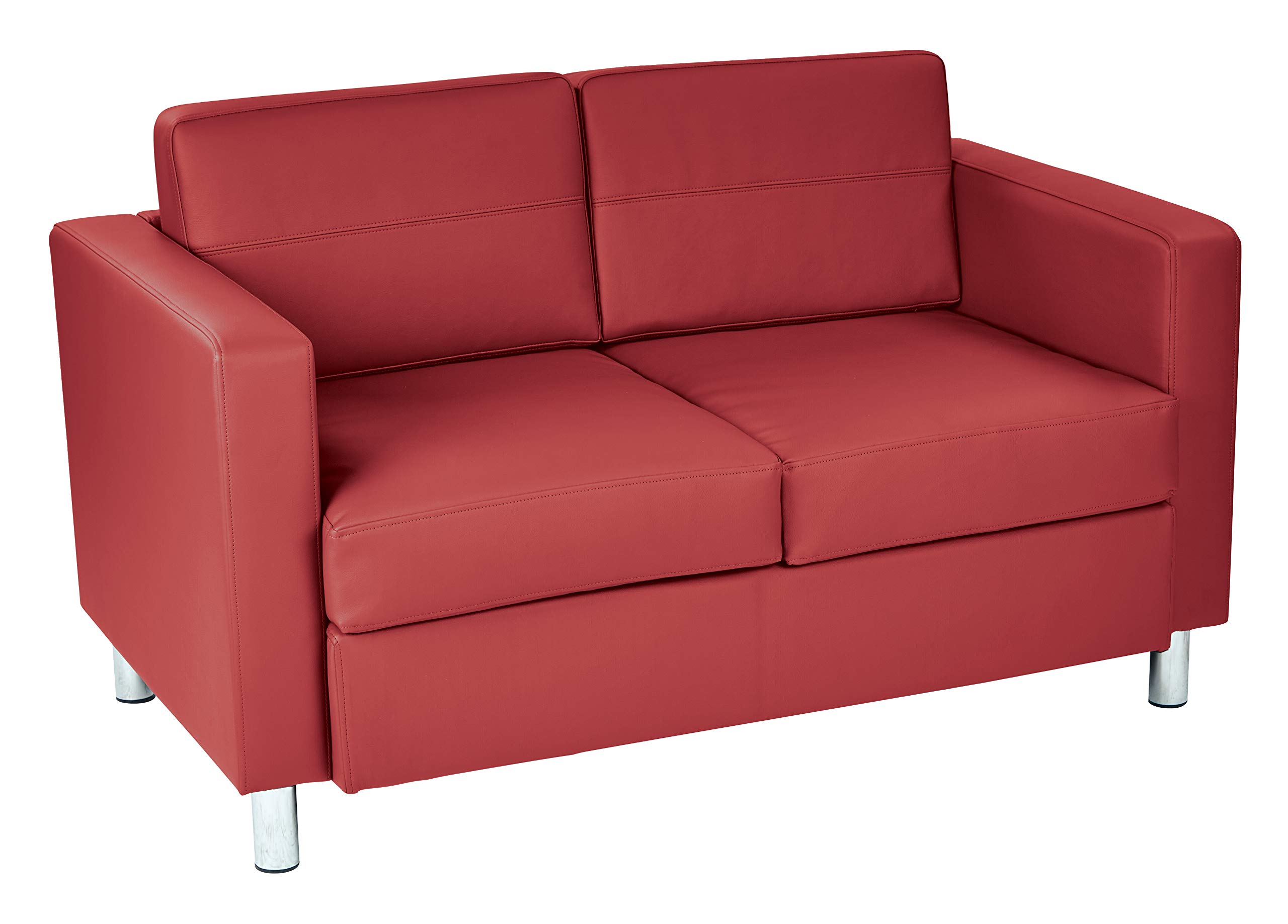 Office Star Pacific Loveseat - Faux Leather Upholstered Sofa with Padded Box Spring Seats & Silver Metal Legs, Modern Home Office Furniture for Small Spaces, Living Room or Waiting Area