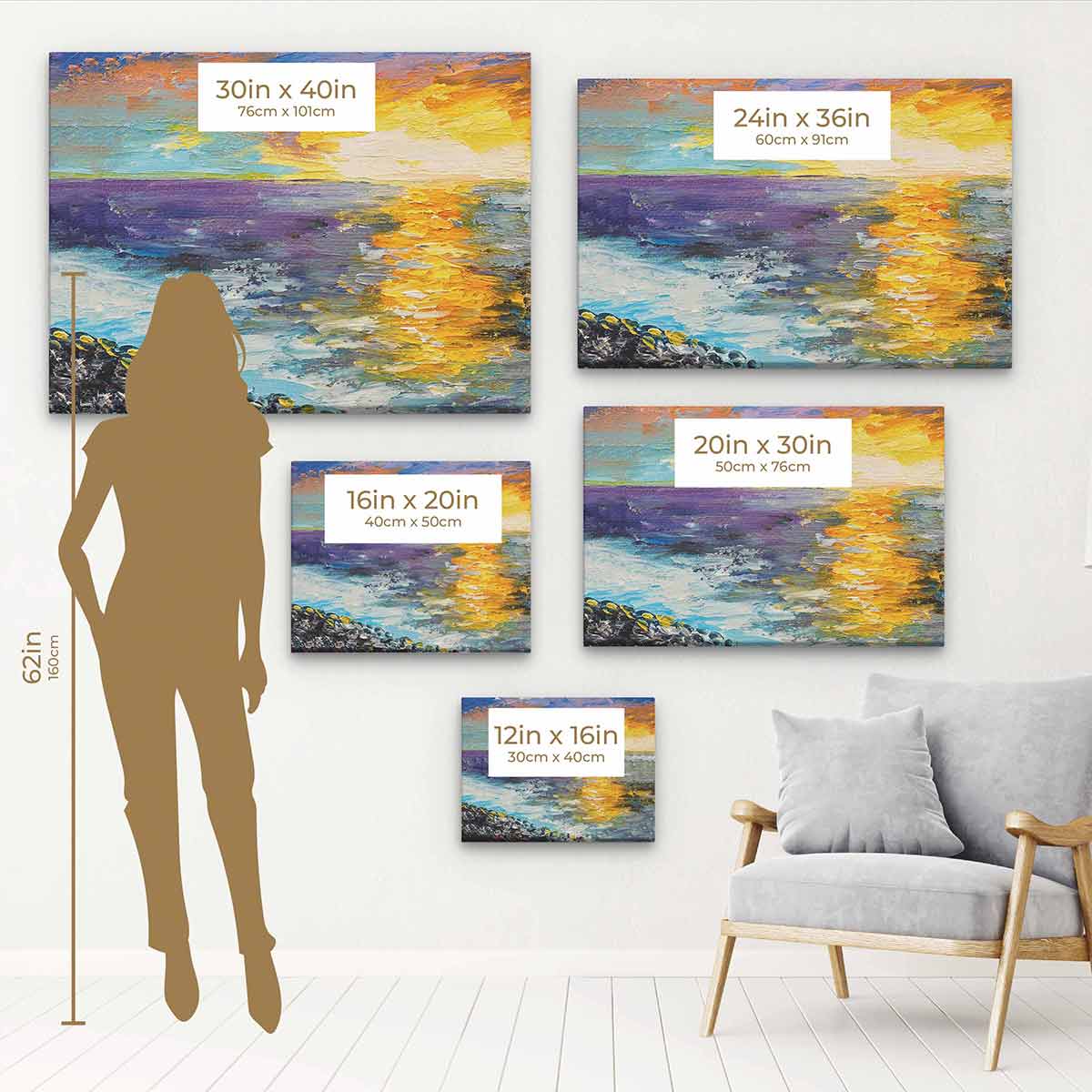 Yellow Sunset at Coast Wall Art Canvas Print 6236 - Stunning Beach Sunset Decor for Living Room, Bedroom & Office