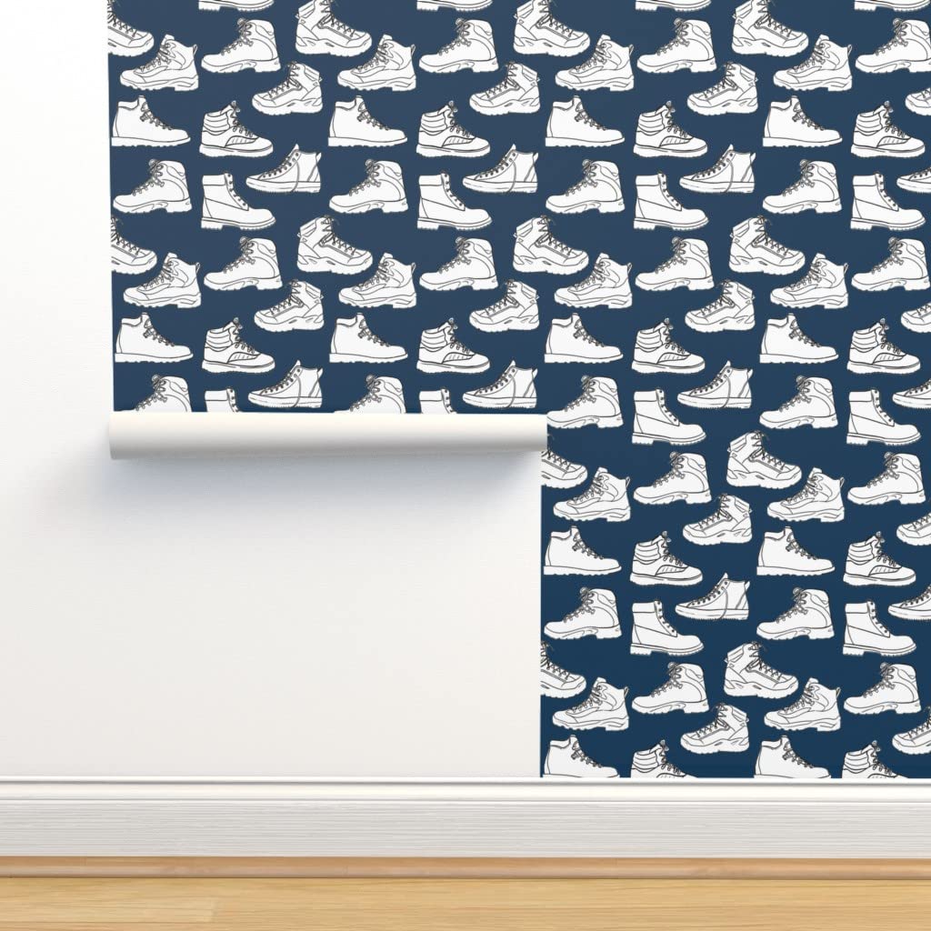 Removable Wallpaper Swatch - Dark Blue Hiking Boots Design for Sports & Mountain Climbing | Custom Pre-Pasted Peel & Stick Wallpaper by Spoonflower | Perfect for Bedroom, Nursery & Home Office Decor