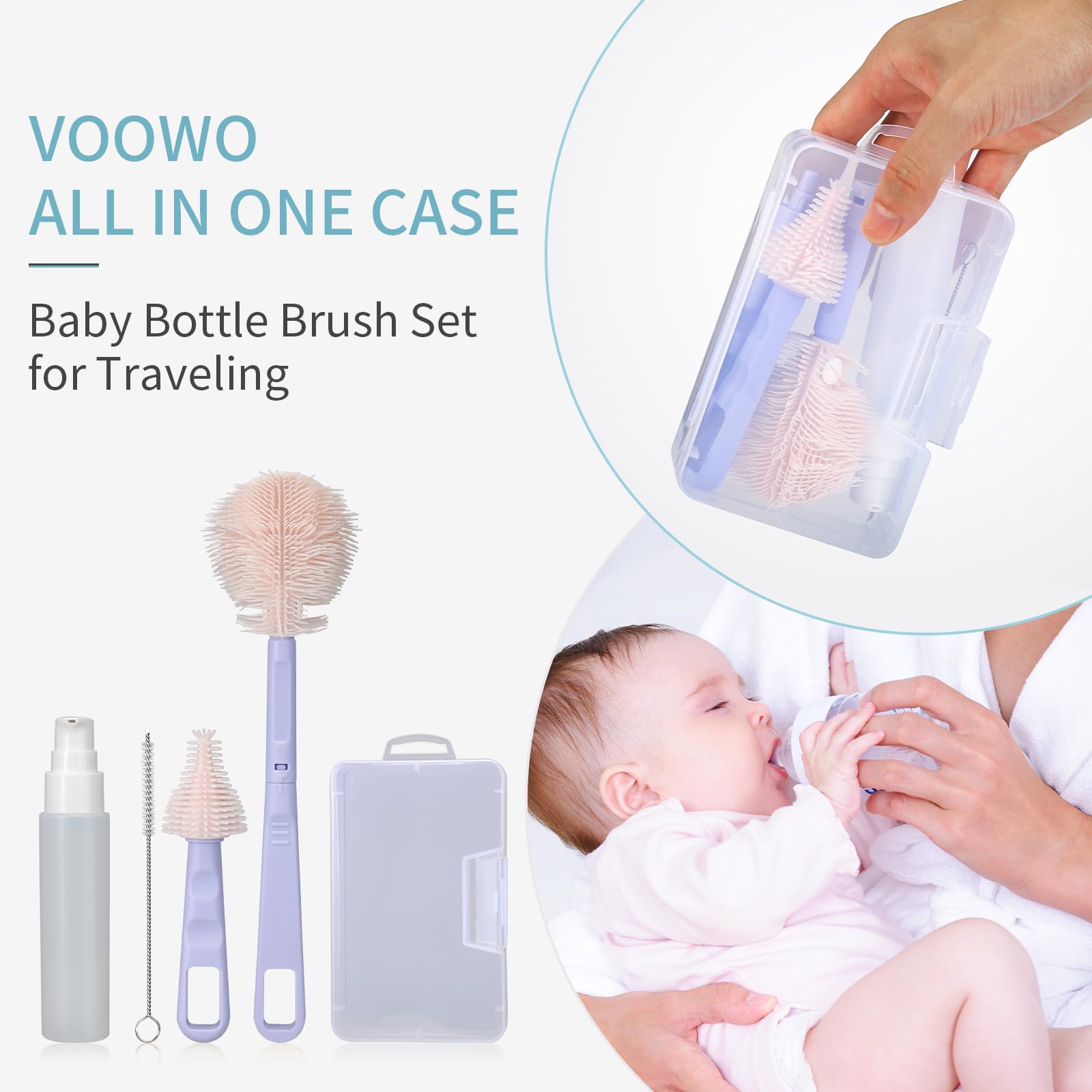 VOOWO Portable Baby Bottle Cleaning Kit - Silicone Straw & Nipple Brush with Soap Dispenser | Travel-Friendly Bottle Cleaner for Infants | Perfect for Home, Daycare & On-the-Go (Purple)