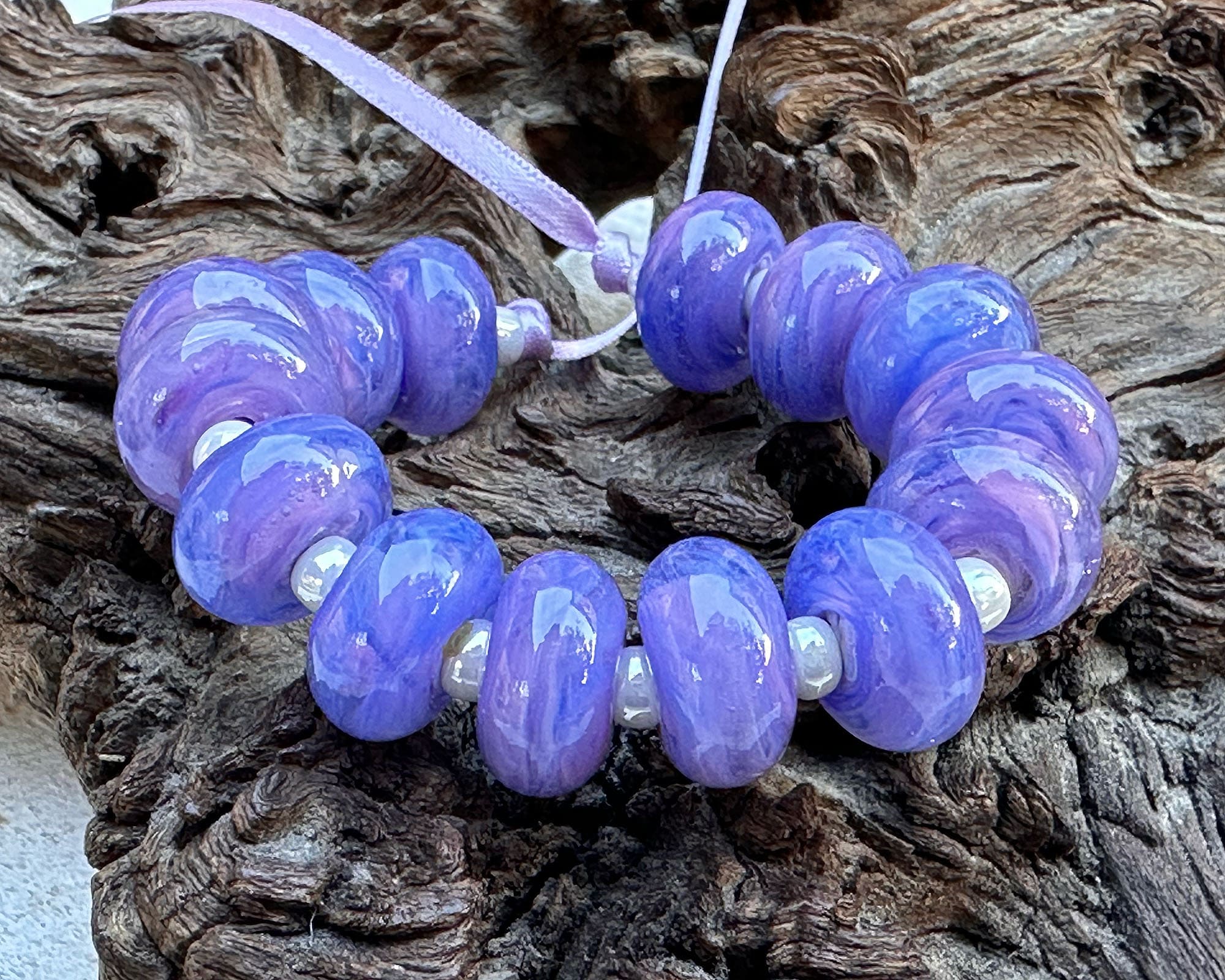 14 Tanzanite Purple Pink Swirl Lampwork Glass Beads Set for Jewelry Making - DIY Bracelet, Necklace & Craft Projects (SRA)