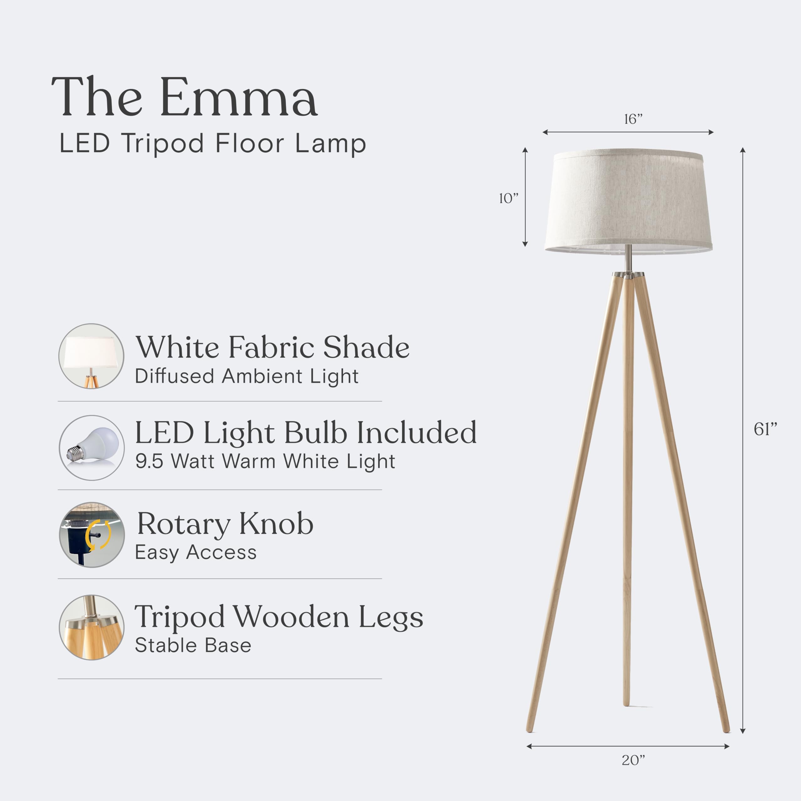 Brightech Emma LED Floor Lamp - Modern Wood Leg Standing Light for Bedroom, Living Room & Office - Adjustable Tripod Design for Reading & Decor - Energy Efficient LED Lighting for Home & Workspace