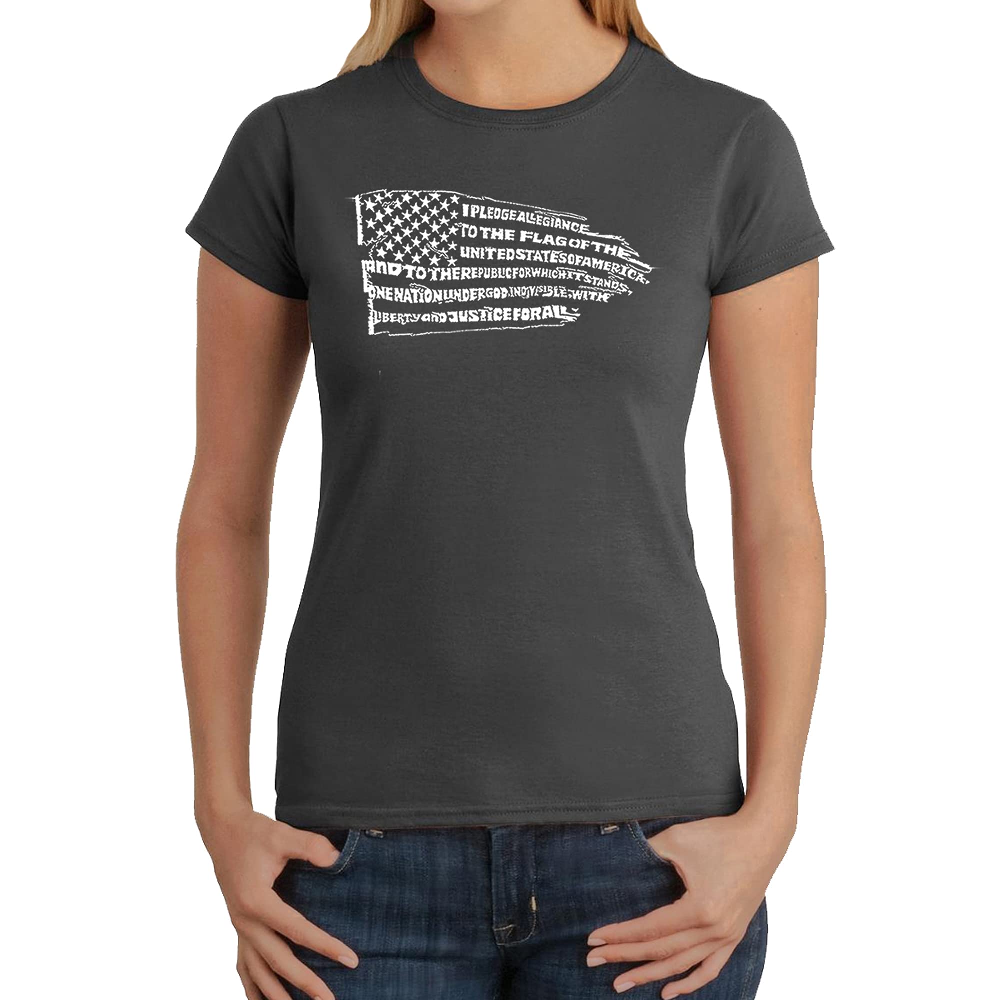 LA POP ART Women's Pledge of Allegiance Flag Word Art T-Shirt - Patriotic American Graphic Tee for 4th of July, Veterans Day & Political Events