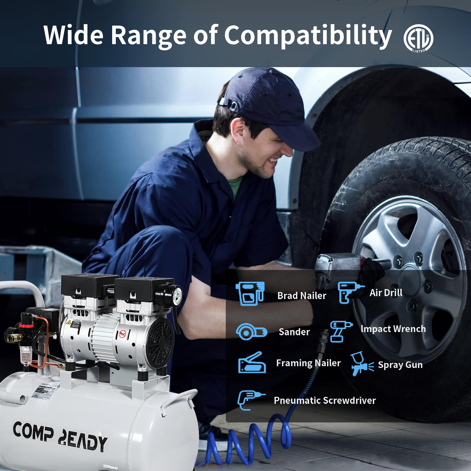 8 Gallon Portable Air Compressor 1HP 2.5 CFM@90PSI - Ultra Quiet 60dB Oil-Free Air Pump for Tires, Pneumatic Tools & Spray Painting - Perfect for Home Garage, Auto Repair & DIY Projects