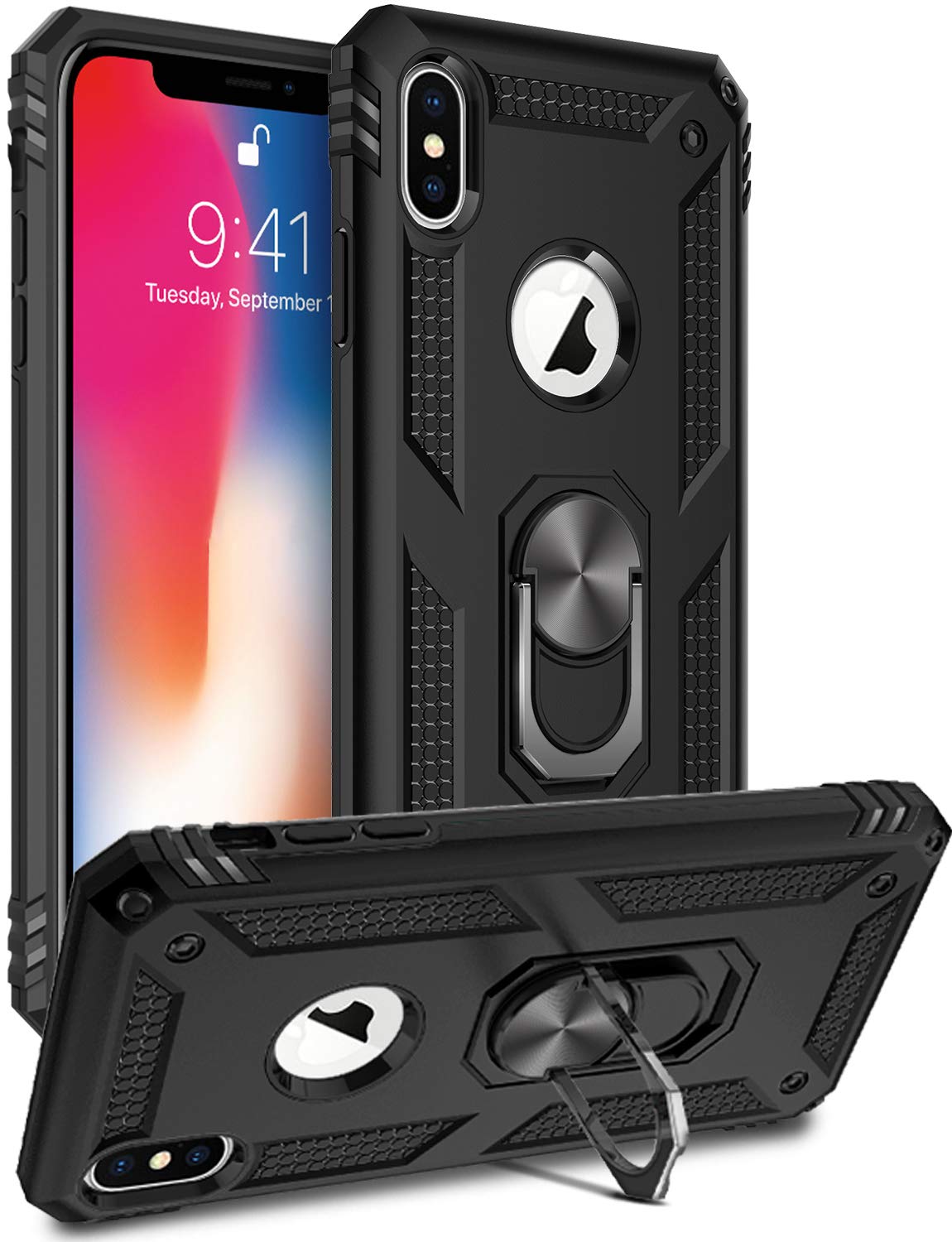 LUMARKE Military Grade Shockproof iPhone X/Xs Case - 15ft Drop Tested, Dual Layer TPU & Plastic Cover with Metal Kickstand | Protective Phone Case for iPhone X/iPhone Xs (Black) | Perfect for Outdoor Activities, Travel & Daily Protection