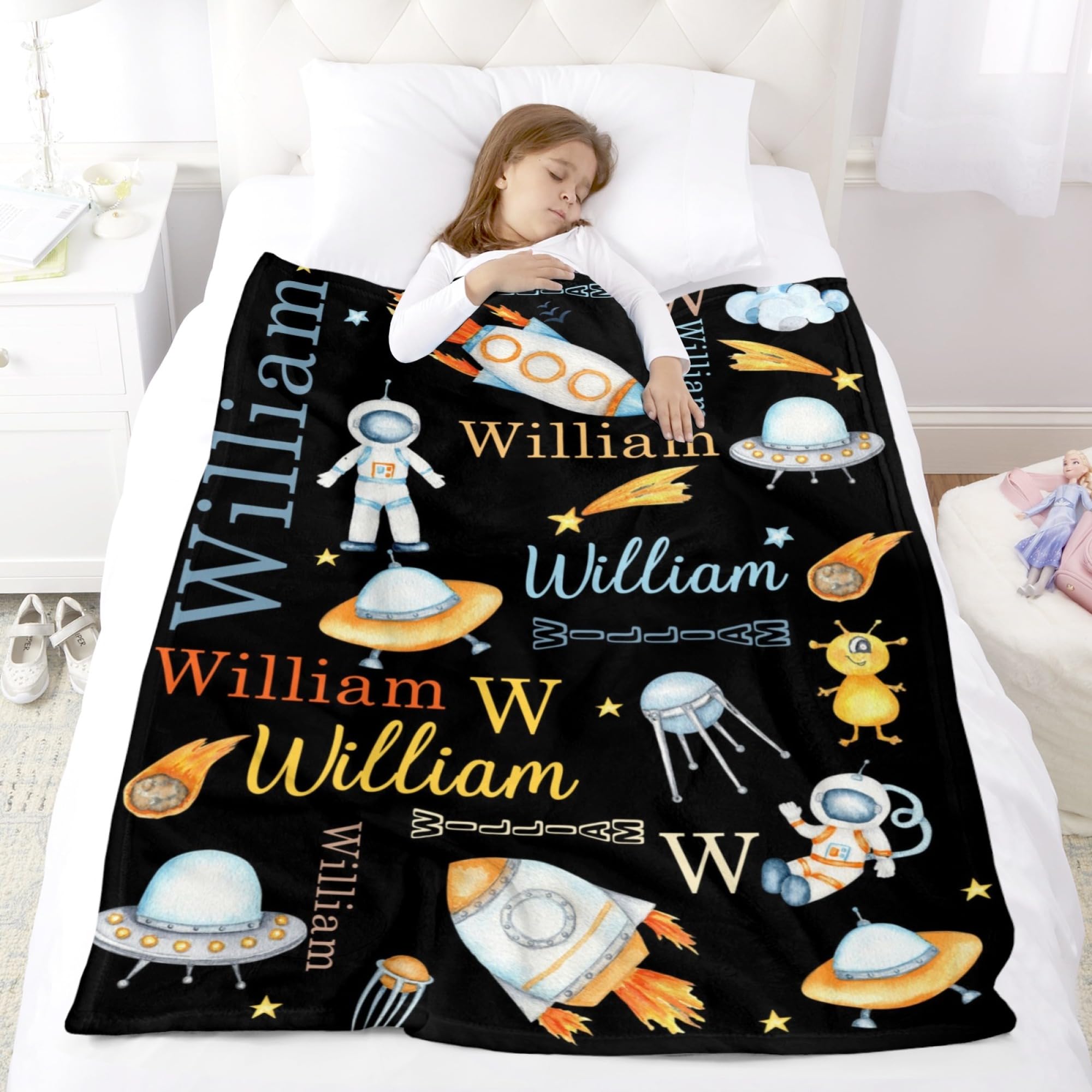 Custom Personalized Astronaut Blanket with Name - Space Universe Rocket ET Design for Boys, Girls, Women & Baby - Soft Fleece Throw Blanket for Bedroom, Nursery, Couch & Gift Giving