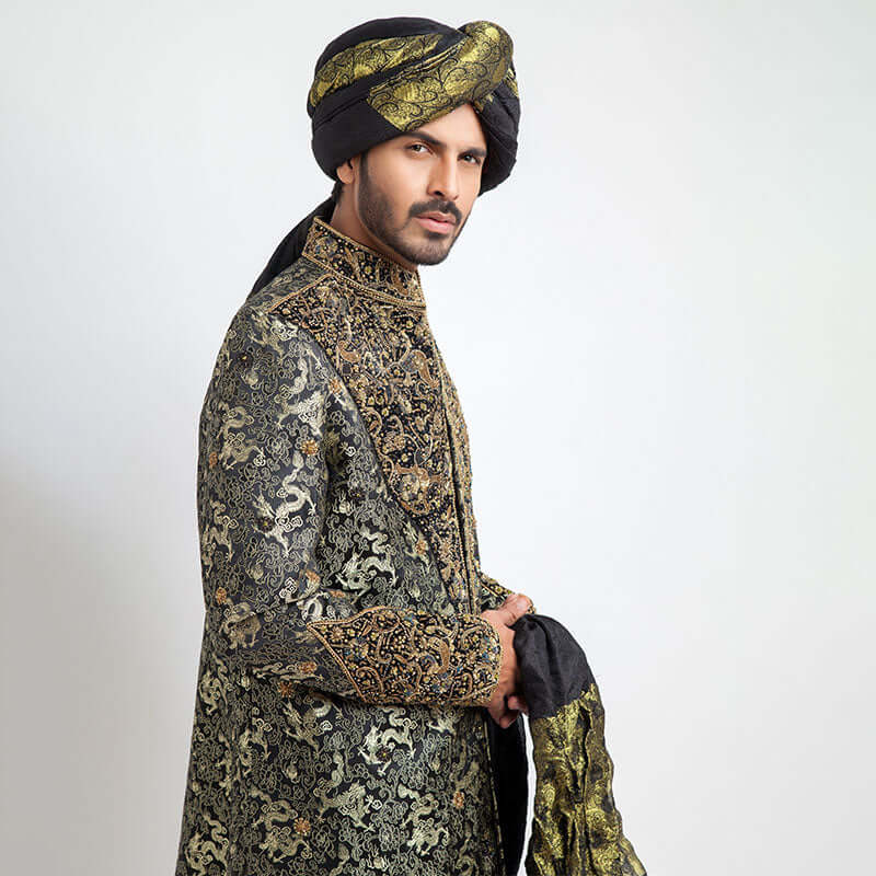 Deep Green Dragon Brocade Sherwani - Elegant Embroidered Men's Wedding Suit for Indian Groom | Perfect for Weddings, Festivals & Special Occasions