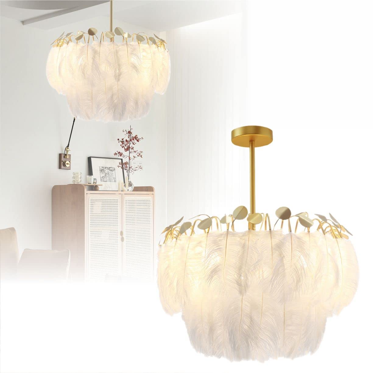 Modern Nordic Feather Pendant Light - Elegant Feather Chandelier for Bedroom, Dining Room & Girls Room | BOKT Large Feather Hanging Lamp for Romantic Home Decor & Ceiling Lighting