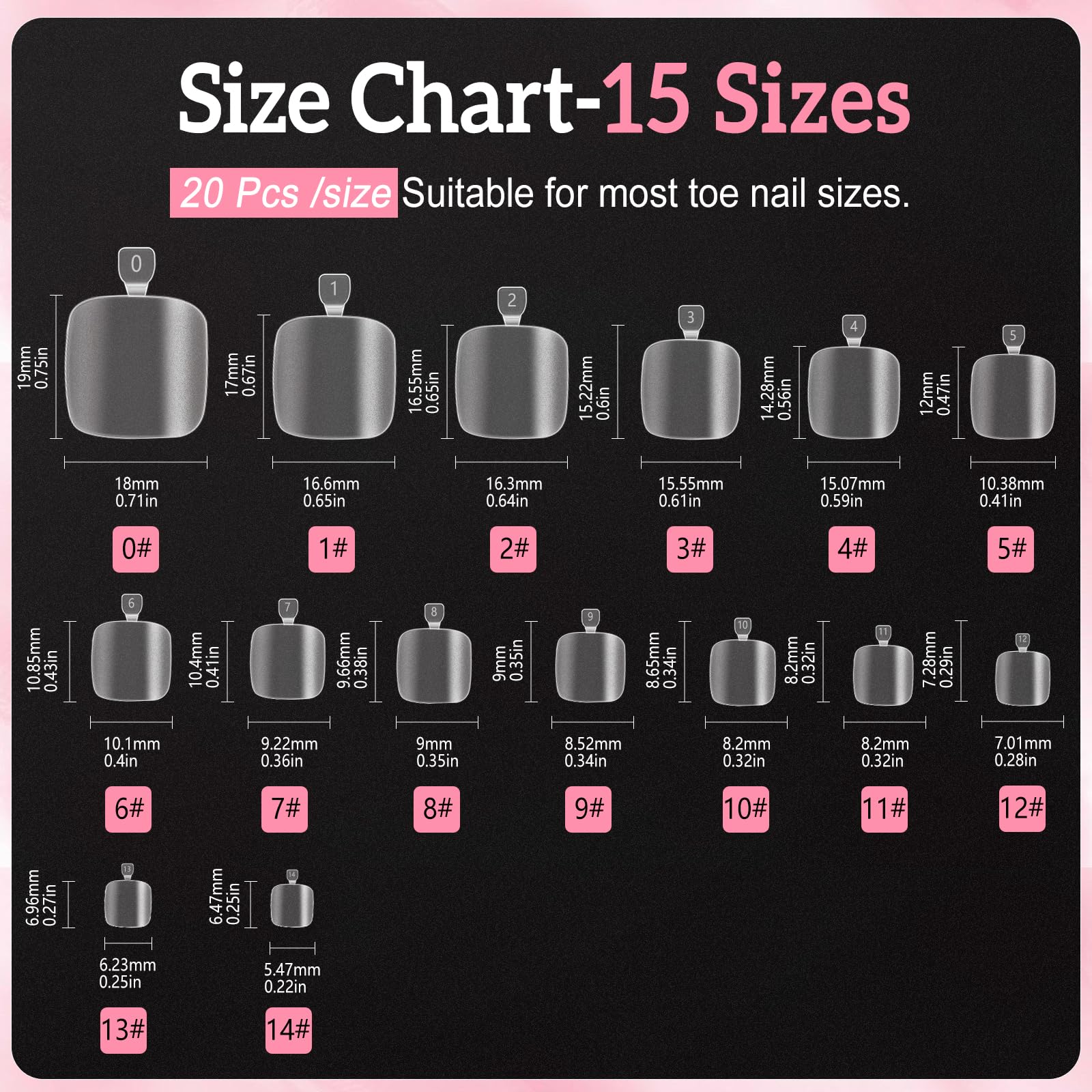 300 Pcs Press On Toe Nails - Short Square Fake Nails with Soft Gel Tips, 15 Sizes for Salon-Quality Manicures & Pedicures | Perfect for Nail Extensions, Home Use, Parties & Special Occasions