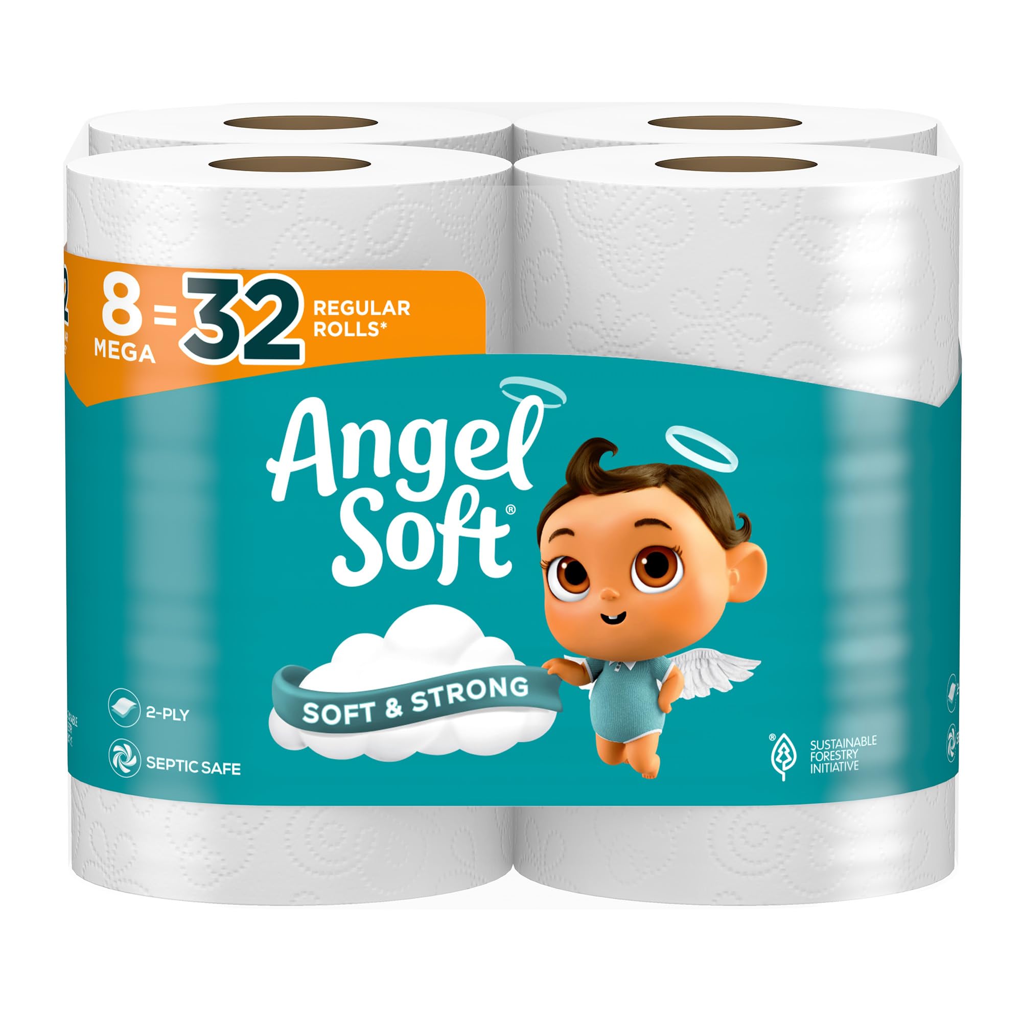 Angel Soft Toilet Paper 8 Mega Rolls (32 Regular Rolls) - Ultra Soft & Strong Bath Tissue for Home & Office Use - Gentle on Skin, Septic Safe