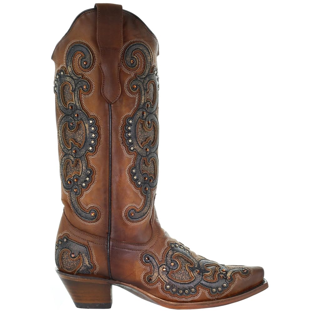 Women's Honey Overlay Embroidered Studded Snip Toe Cowgirl Boots - Mid Calf Western Boots with 2-3