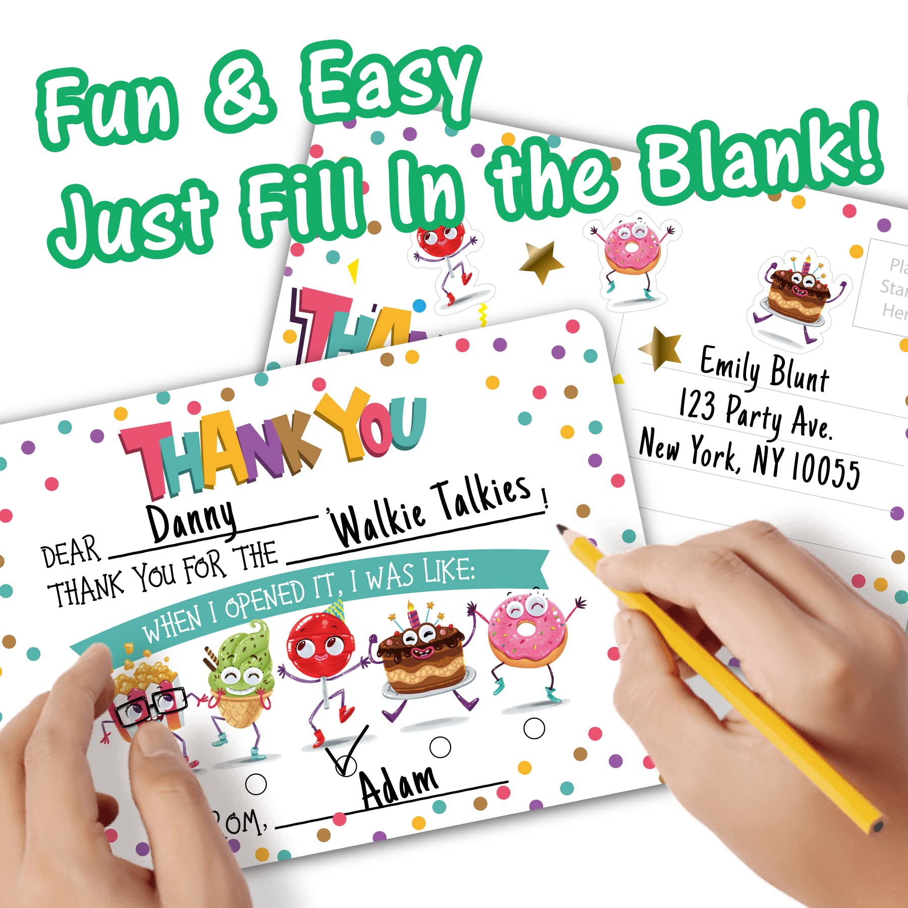 Gooji Kids Thank You Cards - 25-Piece Double-Sided Custom Postcard Set with Fill-in-the-Blank Messages | Perfect for Birthday Parties, Events & Holidays | Includes Fun Stickers (Party Treats Collection) - Great for Classroom Rewards, Teacher Appreciation & Family Celebrations