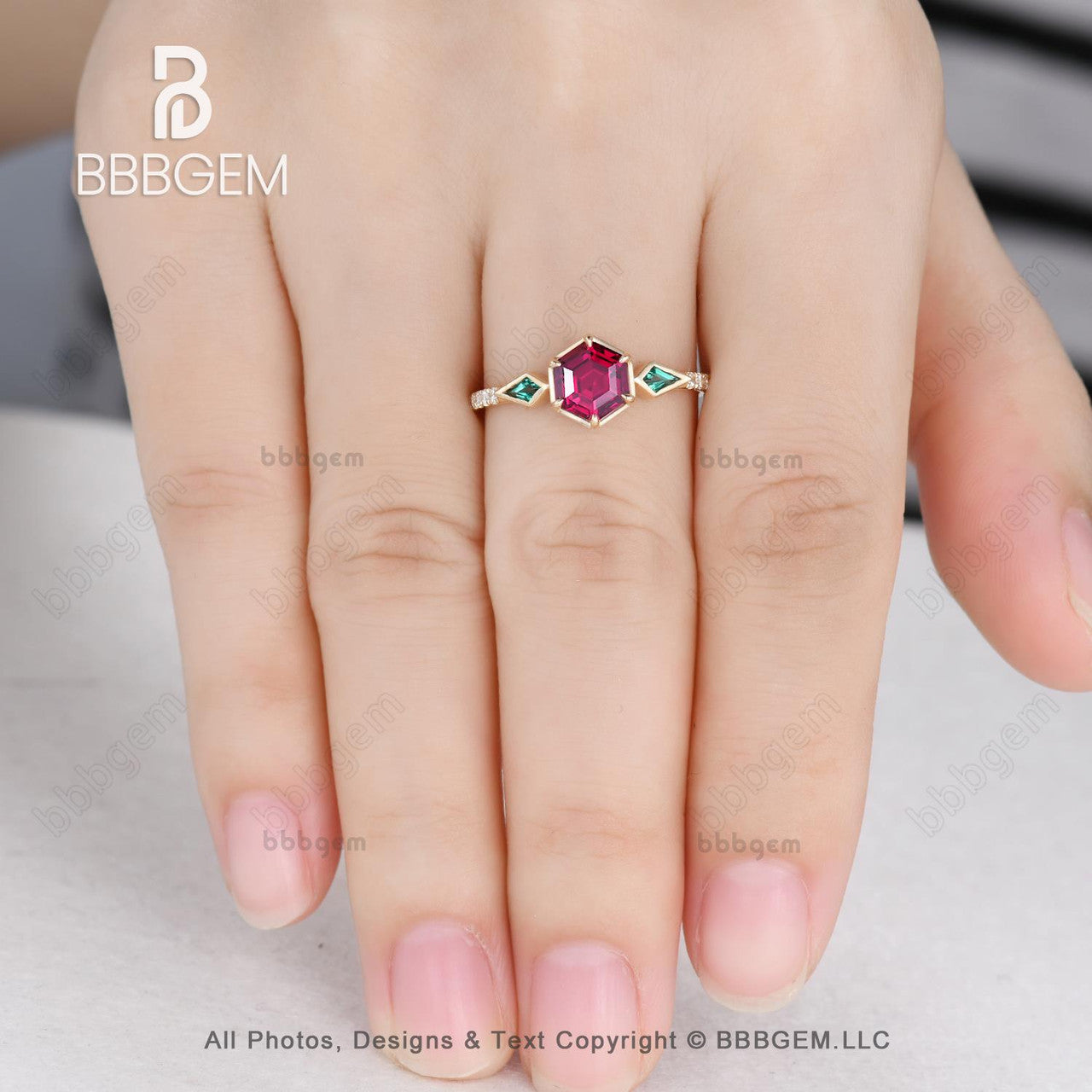 Vintage Hexagon Lab Ruby & Emerald Engagement Ring for Women - Silver 3 Stone Kite Cut Side Stones, Perfect for Weddings, Anniversaries & Special Occasions
