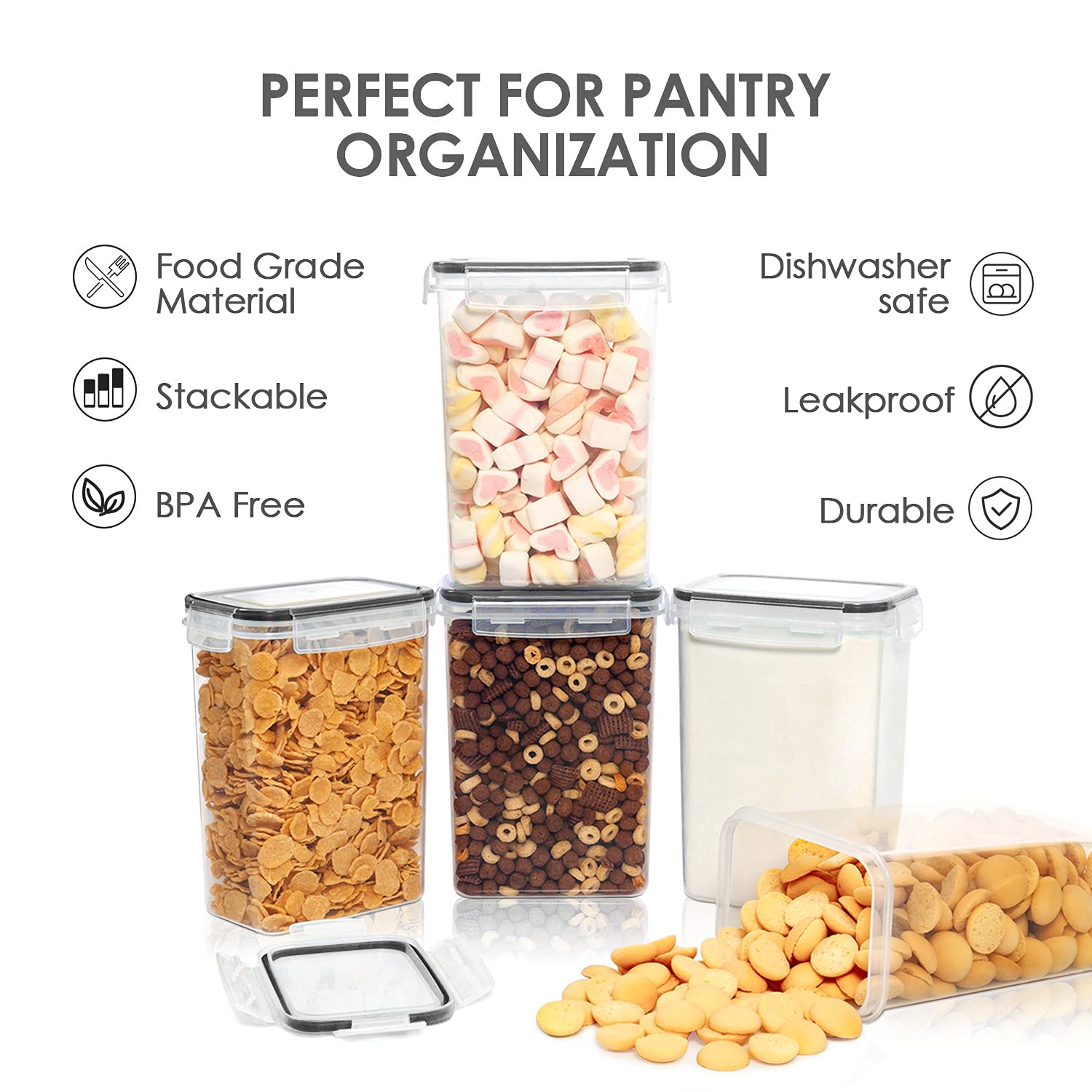 Vtopmart 9-Piece Airtight Food Storage Containers Set with Lids - BPA Free Plastic Kitchen Pantry Organizers for Flour, Cereal & Dry Food - Includes 2L Containers & 24 Labels (Black) - Perfect for Meal Prep, Baking & Pantry Organization