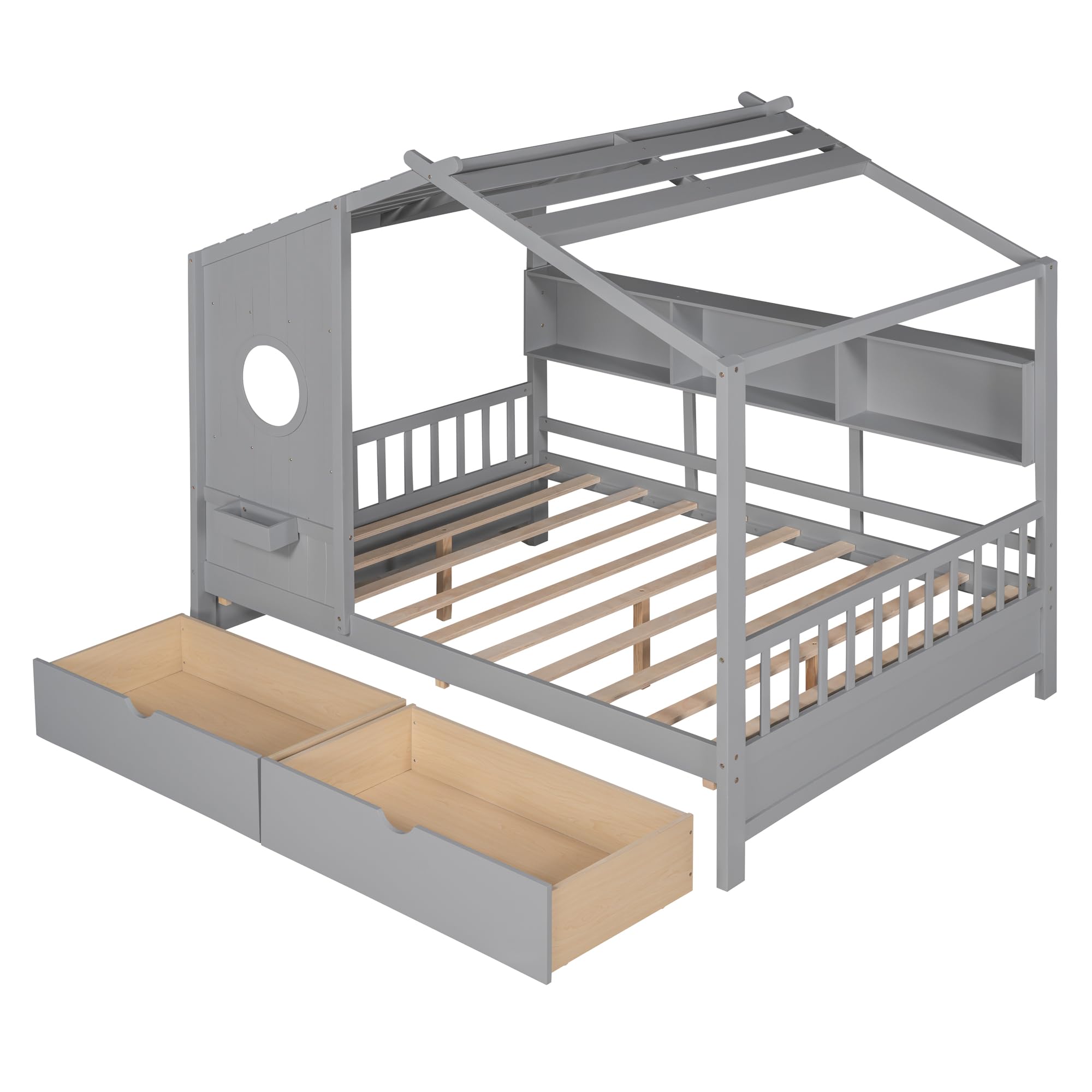 MERITLINE Full Size House Bed for Kids - Wooden Bed Frame with 2 Storage Drawers, Built-in Shelf & Slat Support - No Box Spring Needed - Grey - Perfect for Kids' Bedroom, Playroom & Small Space Organization