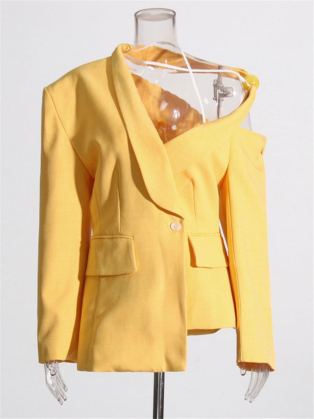Women's Long Sleeve Off Shoulder Patchwork Blazer with Lapel & Button Closure - Stylish Solid Color Jacket for Spring Fashion | Perfect for Office Wear, Date Nights & Casual Outings