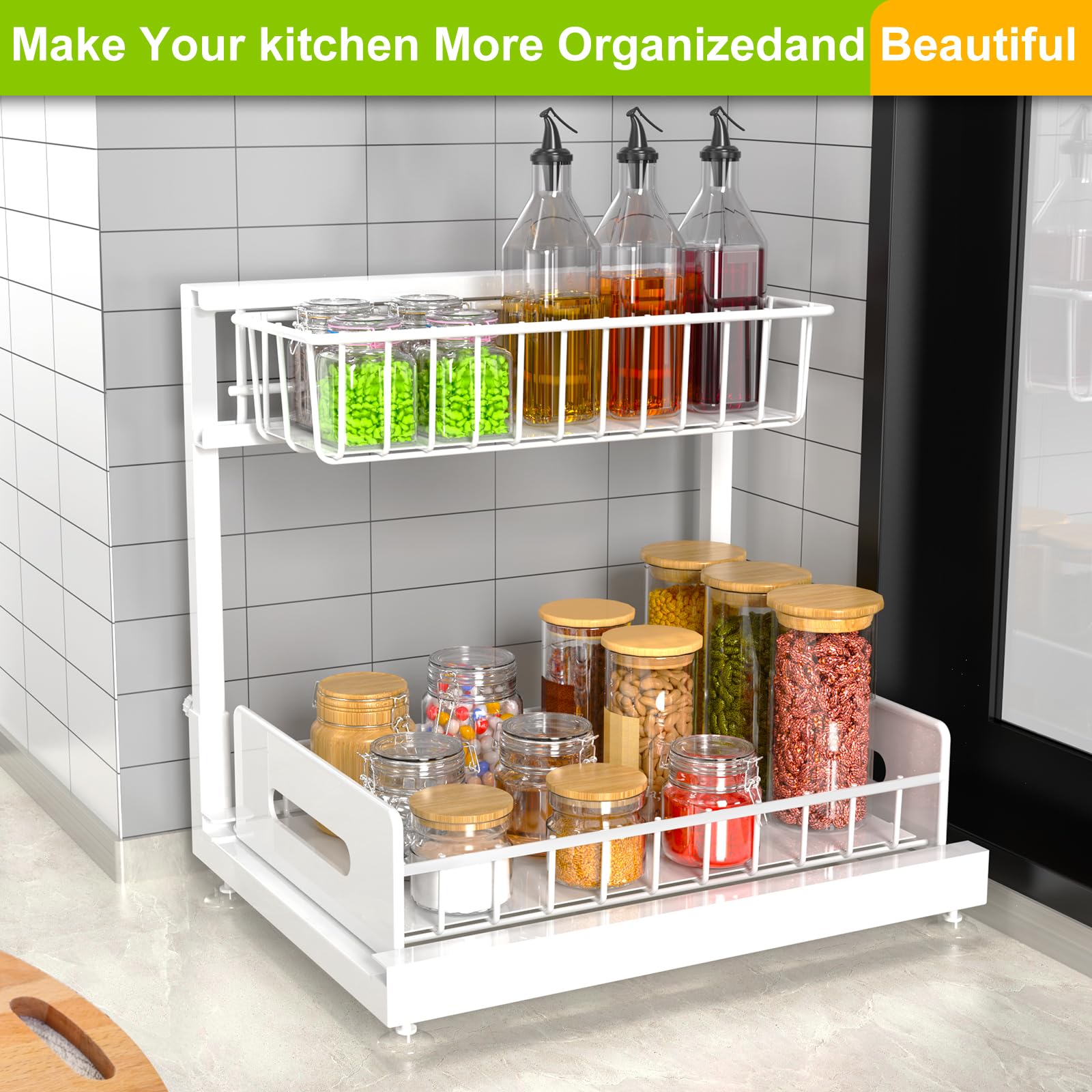 2 Pack Under Sink Organizer - Adjustable 2 Tier Pull Out Cabinet Shelf, Metal Slide Out Storage for Kitchen & Bathroom Organization (White) | Perfect for Maximizing Space Under Sink, Counter or Vanity