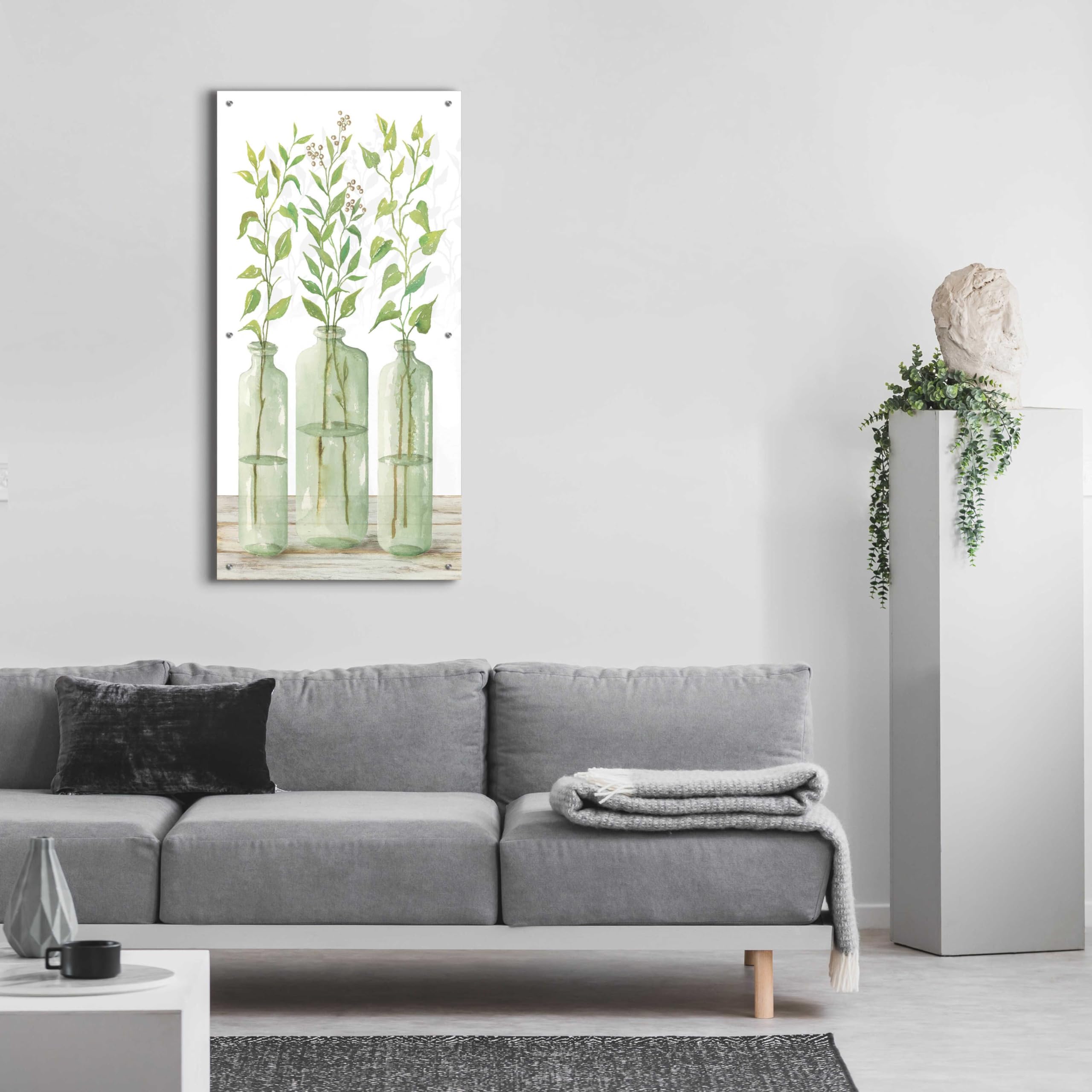 Epic Art 'Simple Leaves in Jar II' by Cindy Jacobs - 24x48 Inch Acrylic Glass Wall Decor - Modern Botanical Painting for Living Room, Bedroom & Office Decor