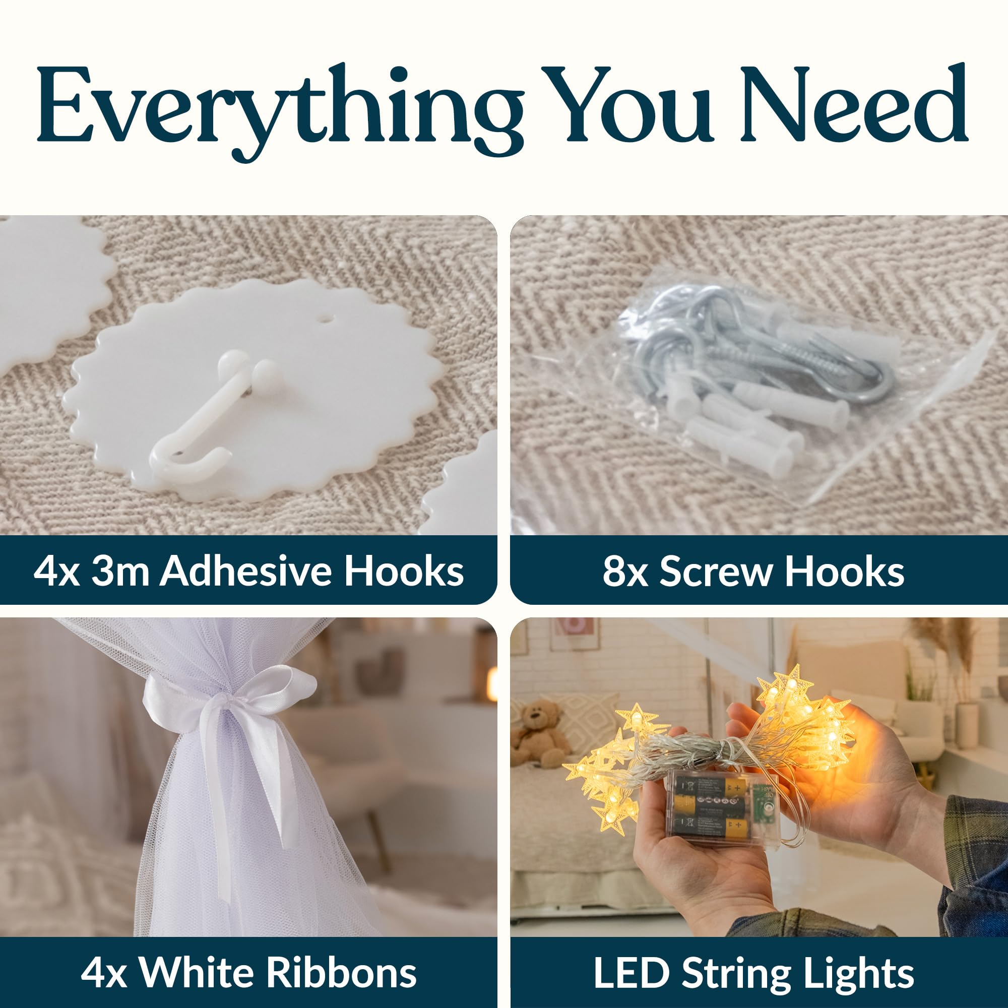 White Canopy Bed Curtains with LED Lights - Romantic Ceiling or Bed Frame Drapes for Girls & Adults | Fits Single/Full/Double/Queen Beds | Perfect for Princess Bedroom Decor, Wedding Nights & Cozy Reading Nooks