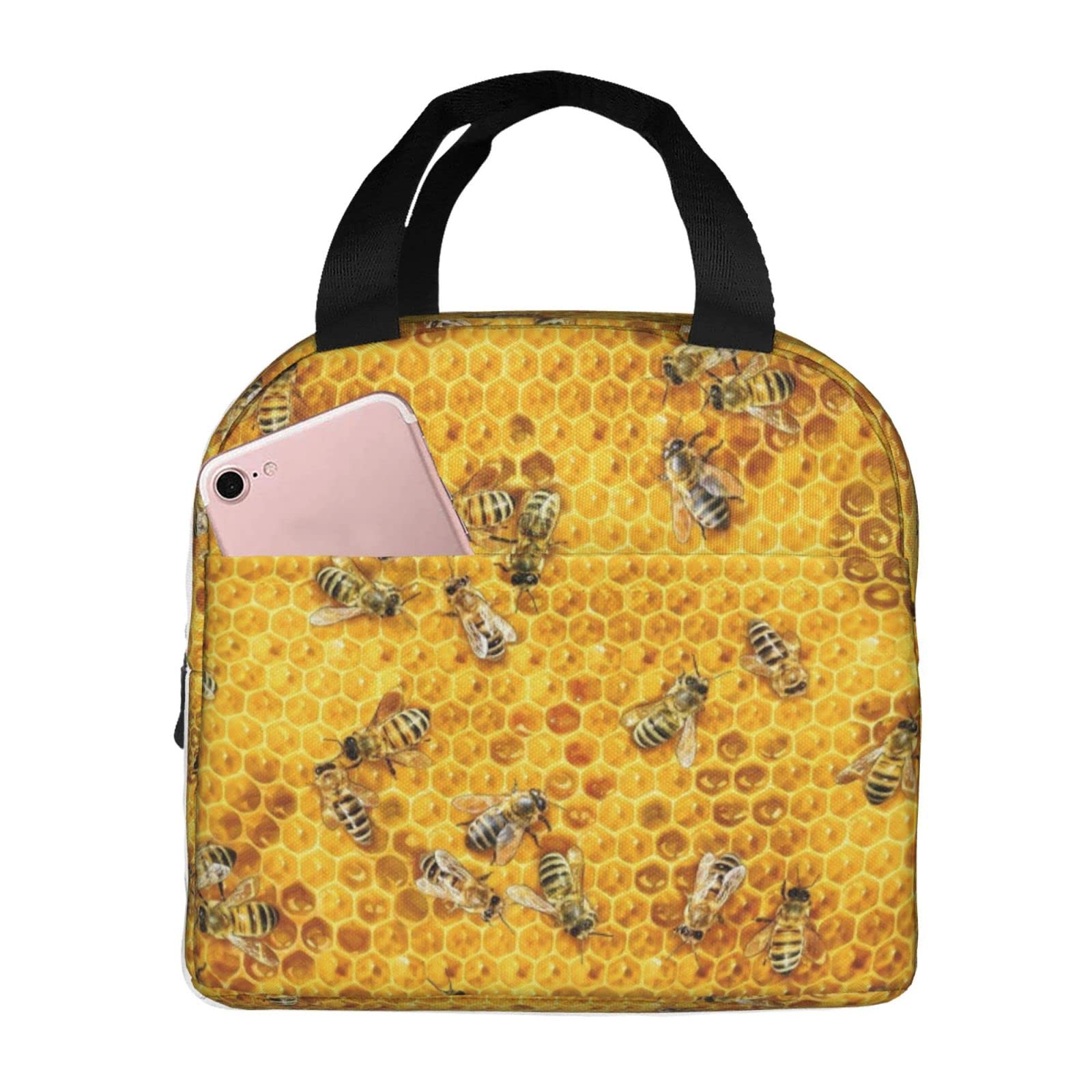 **Insulated Bee Honeycomb Cartoon Lunch Bag with Adjustable Shoulder Strap for Women & Men - Perfect for Office, Work, School & Picnics**