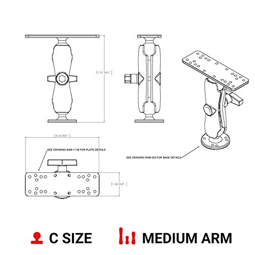 RAM Mounts RAM-111U Marine Electronic Mount with Medium Arm - Compatible with Garmin, Humminbird, Lowrance & More - Perfect for Boating, Fishing & Water Sports