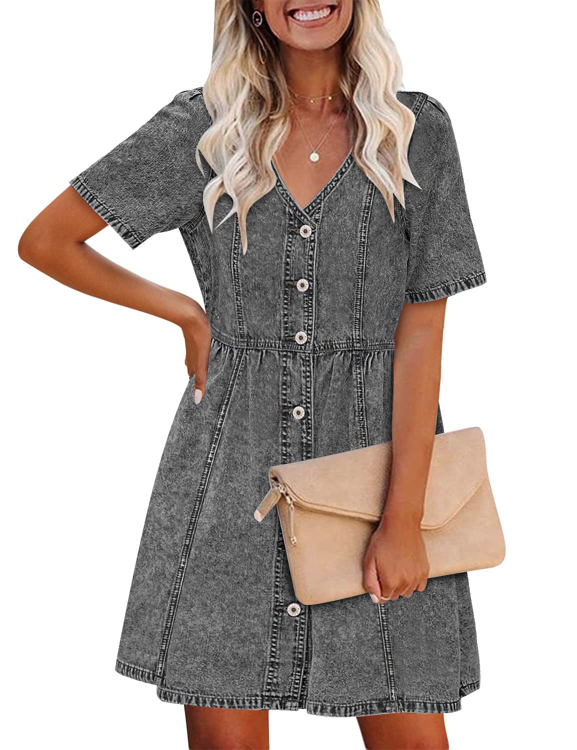 Luvamia Women's Denim Dress - Button Down Summer Swing Western Short Jean Dress for Casual Outings, Beach Trips & Country Music Festivals