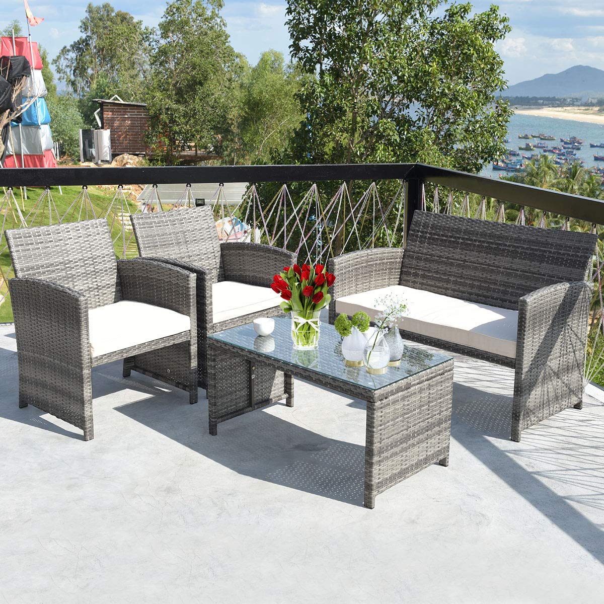 Tangkula 4-Piece Wicker Patio Conversation Set - Outdoor Rattan Sofa Set with Coffee Table & Soft Cushions, All-Weather Garden Furniture for Poolside, Balcony, Backyard & Patio Relaxation