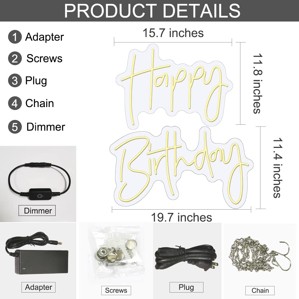 Happy Birthday Neon Signs - Large LED Light Up Sign for Party Decorations, Dimmable Switch (Warm White-2 Line) | Perfect for Birthday Backdrops, Home Decor & Event Lighting