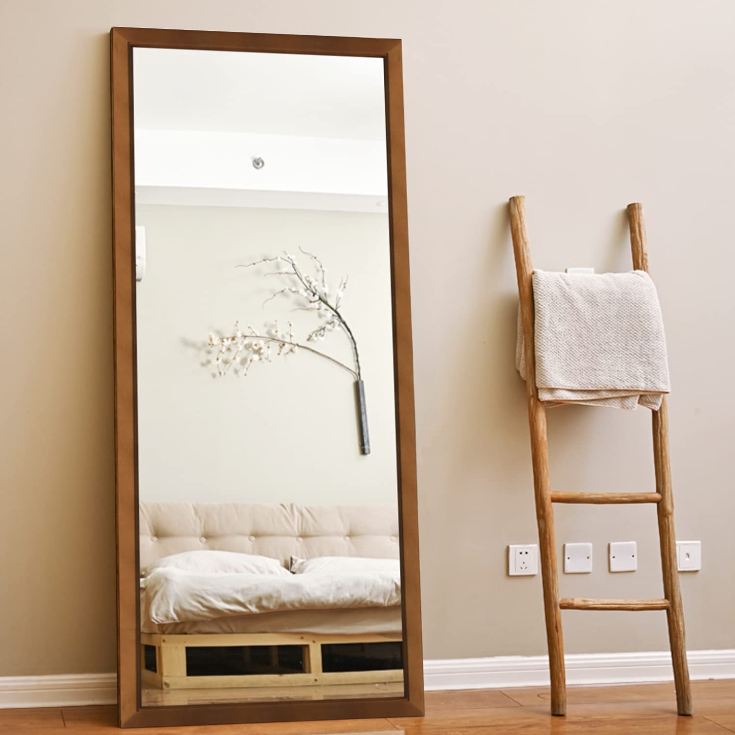 Full Length Mirror with Solid Wood Frame - Standing, Wall-Mounted or Leaning Floor Mirror for Bedroom, Living Room & Dressing Room | Elegant Coffee Wood Design | Perfect for Home Decor, Outfit Check & Selfie Background