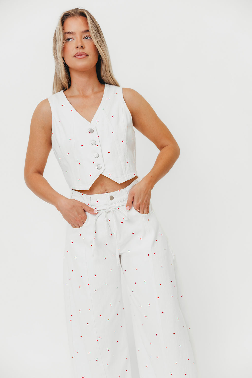 100% Cotton Mini Bow Print Twill Vest for Women - Off White Dolly Style | Casual Outfits, Spring Layering & Office Wear