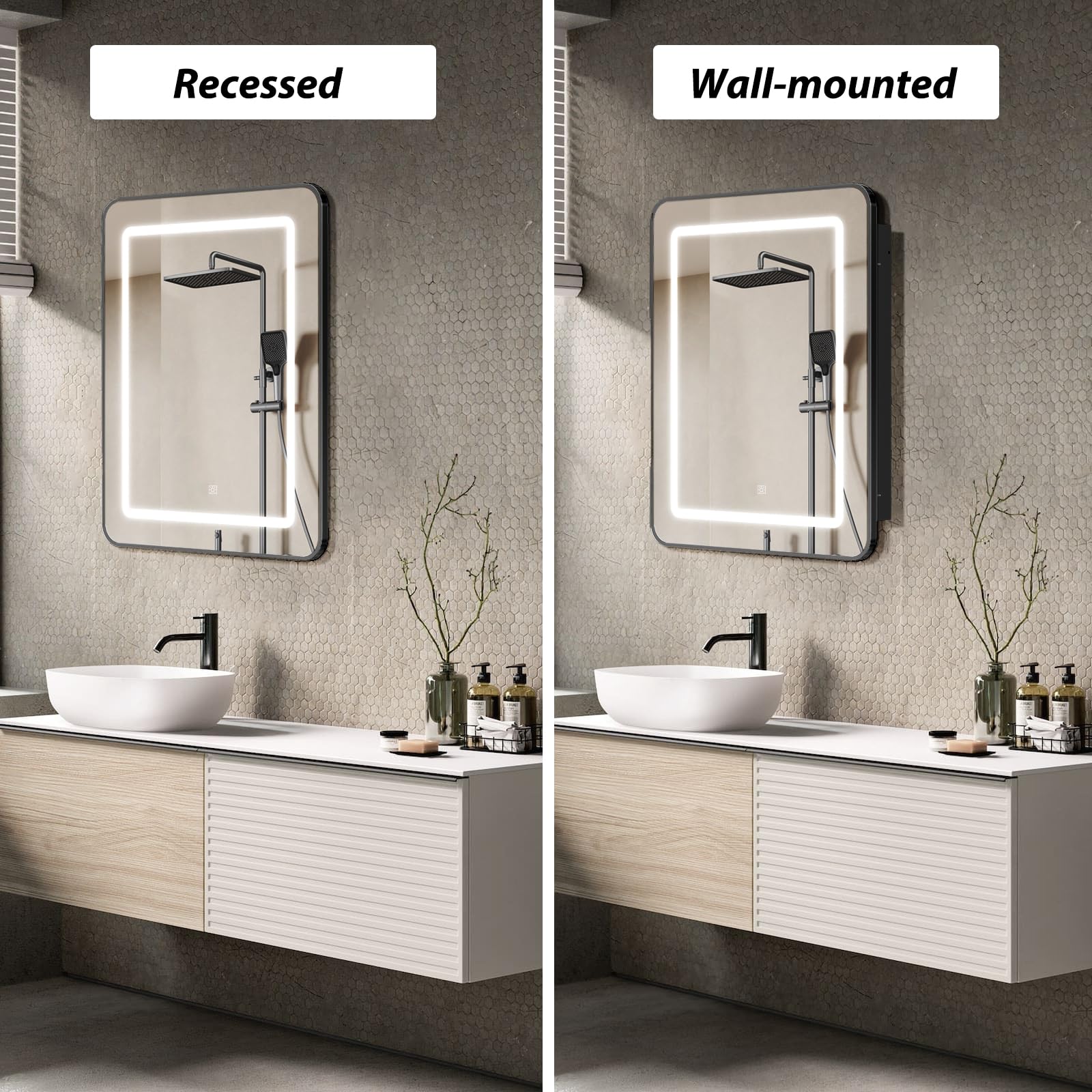 APRILSOUL 20x30 Inch Black Recessed/Surface Mount Bathroom Medicine Cabinet with LED Mirror - 3 Color Temperature Adjustable & Dimmable Lighting for Modern Homes, Vanity & Makeup Area