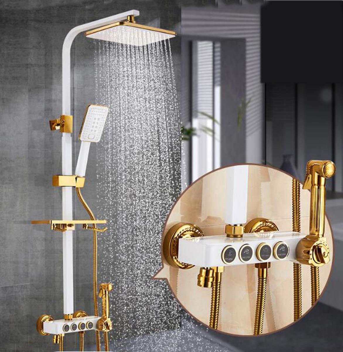NANXCYR Thermostatic Shower System - Wall Mount Bathroom Faucet Set with Adjustable Shower Bar, 4-Function Button Switch & Double Hook Storage Rack in White Gold | Perfect for Modern Bathroom Renovation & Spa-Like Shower Experience