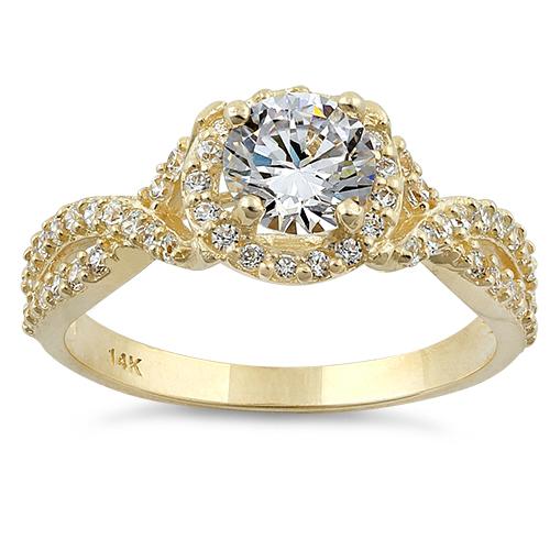 14K Yellow Gold Twist Round Halo Engagement Ring with Clear CZ Stones - Perfect for Proposals, Anniversaries & Bridal Jewelry