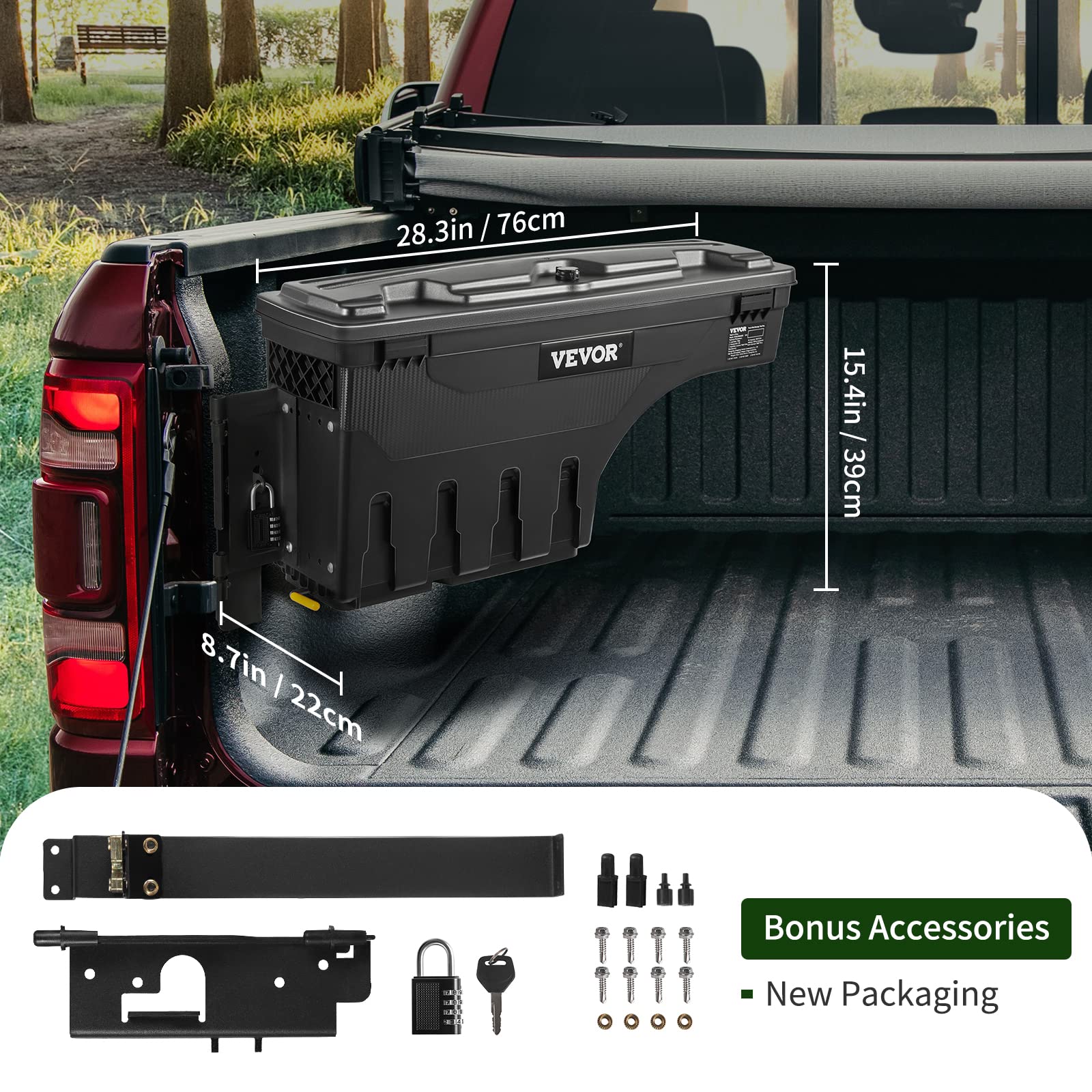 VEVOR Truck Bed Storage Box for Dodge Ram 1500 (2019-2021) - Driver Side Lockable Waterproof ABS Wheel Well Tool Box (6.6 Gal/20L) with Password Padlock - Perfect for Organizing Tools, Camping Gear & Truck Accessories