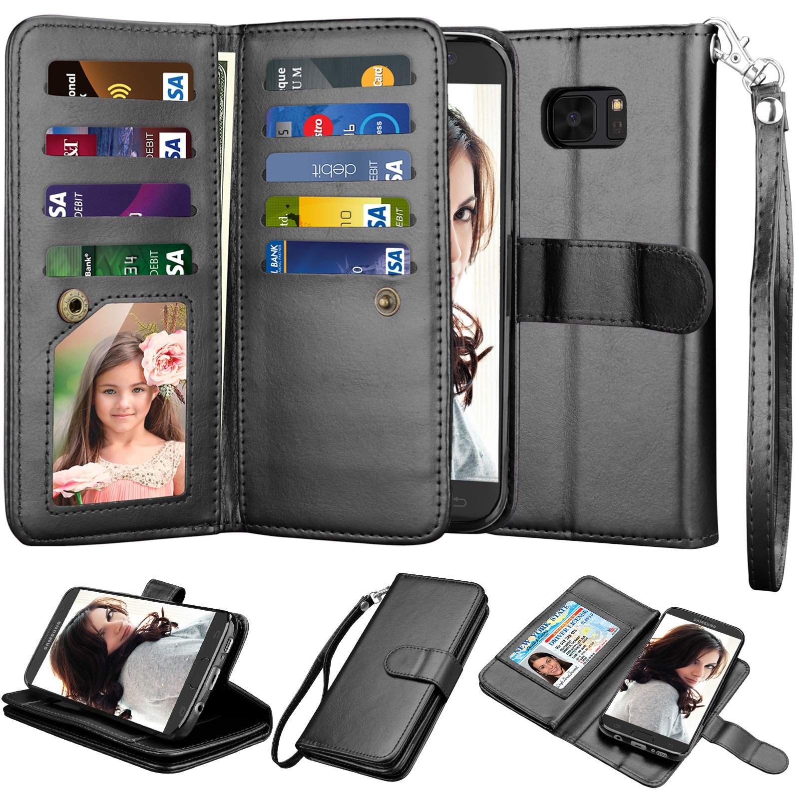 Premium PU Leather Wallet Case for Samsung Galaxy S7 Edge - 9 Card Slots RFID Blocking Flip Cover with Detachable Magnetic Wrist Strap & Kickstand (Black) - Perfect for Business, Travel & Everyday Use