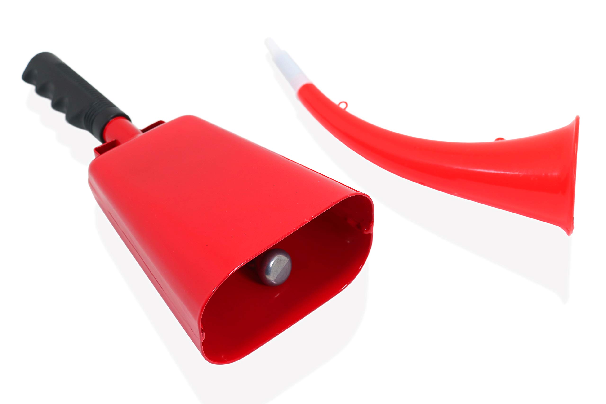 11 Inch Red Cowbell Noisemaker with Plastic Handle & Zinc Alloy Clapper - Loud Sporting Event Accessory, Wedding Cheer Tool, Party Noise Maker - Includes Free Plastic French Horn (Perfect for Football Games, Concerts & Celebrations)