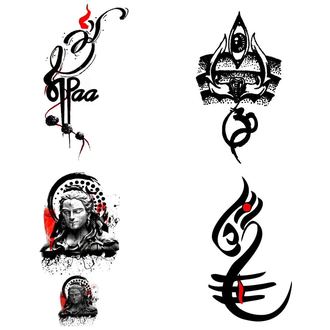 Om Trishul with Lord Shiva Temporary Tattoos - Pack of 4 Waterproof Body Art Stickers (2x4 Inch) for Men & Women - Perfect for Festivals, Yoga, Spiritual Events & Costume Parties