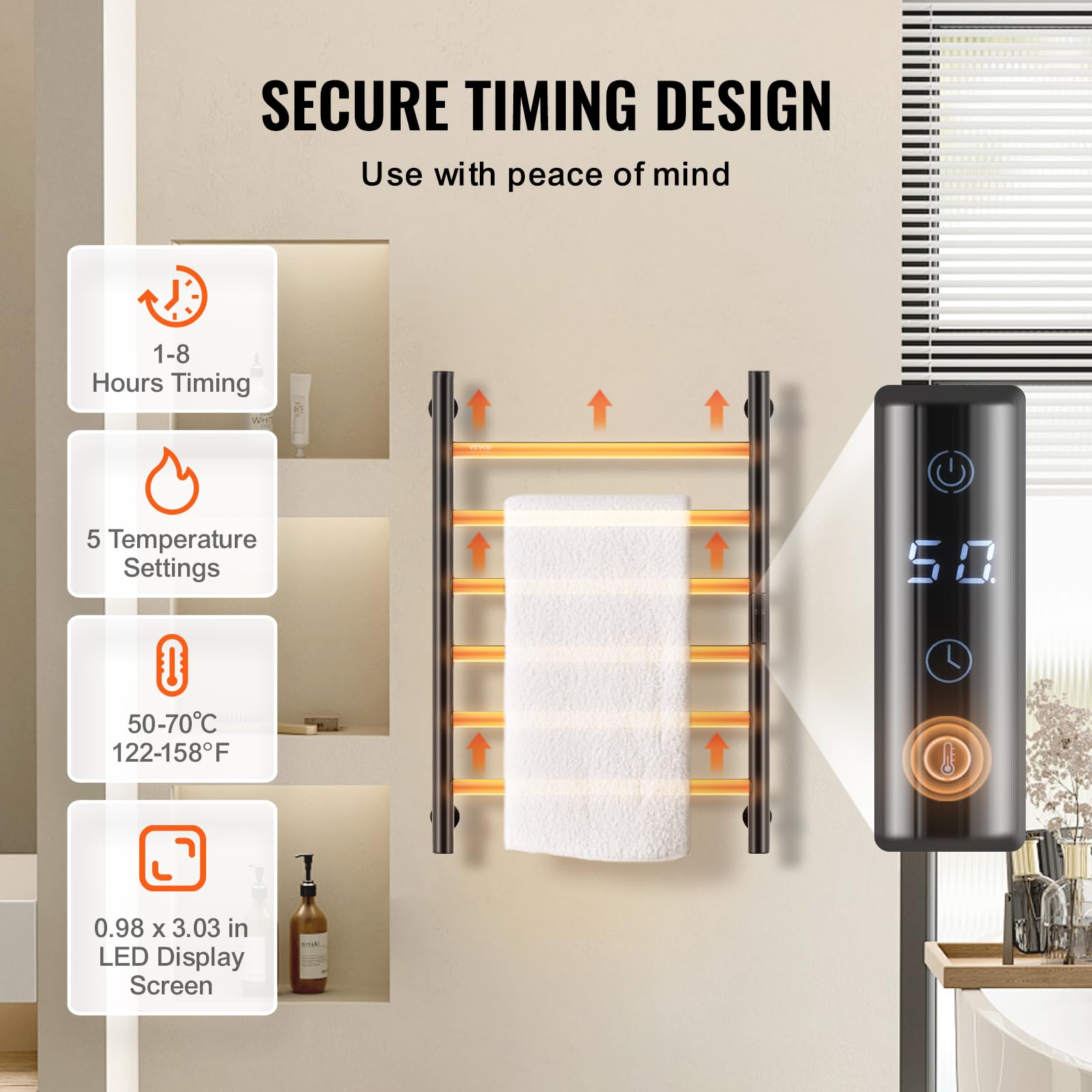 VEVOR 6-Bar Heated Towel Rack - Wall Mounted Bathroom Towel Warmer with Timer, LED Display & 5 Temperature Settings - IPX5 Waterproof Black Towel Heater for Spa, Luxury Hotels & Home Bathrooms