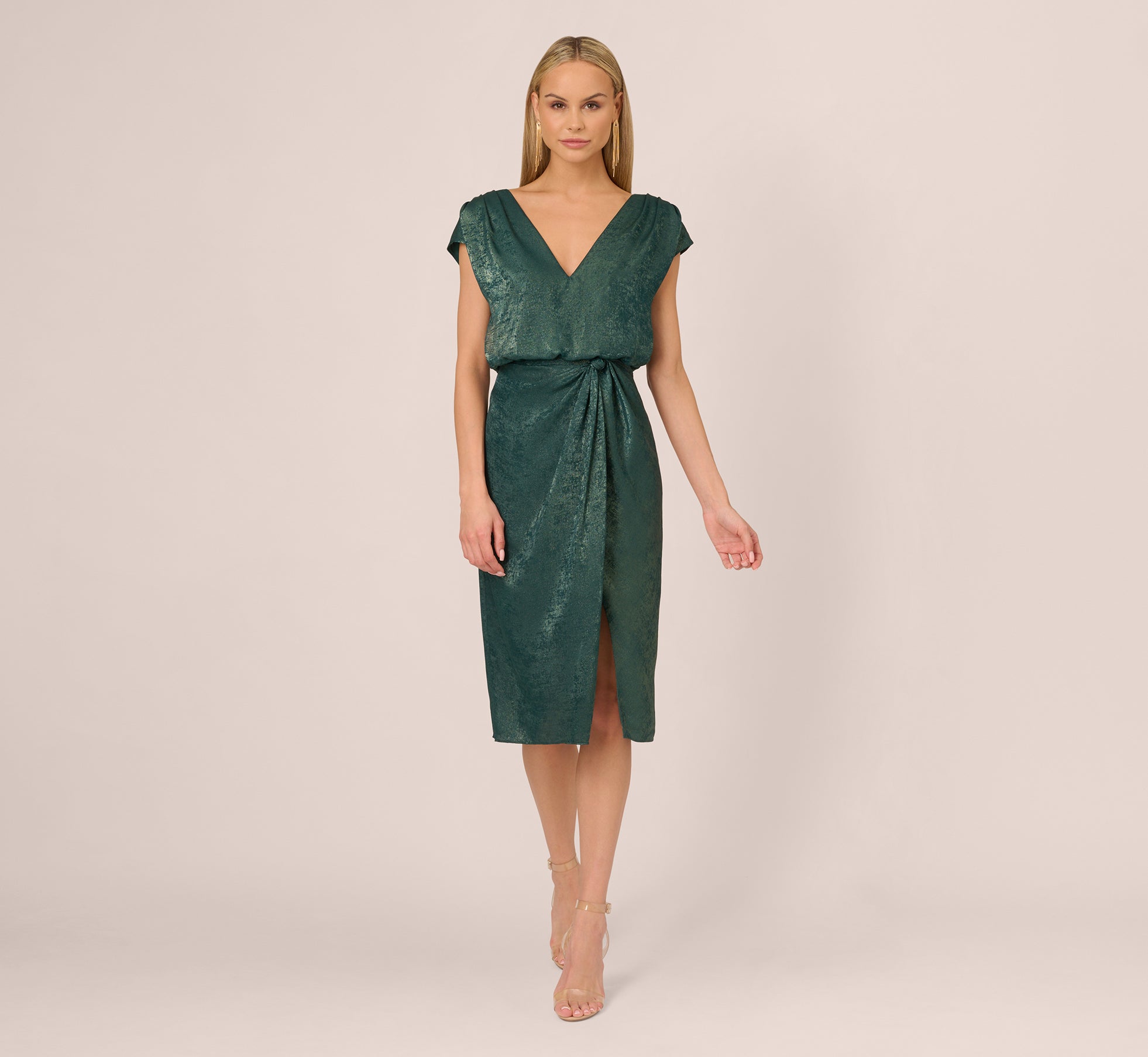 Elegant Foil Blouson Midi Dress with Faux Wrap Skirt in Dark Ivy Green - Perfect for Cocktail Parties, Date Nights & Formal Events